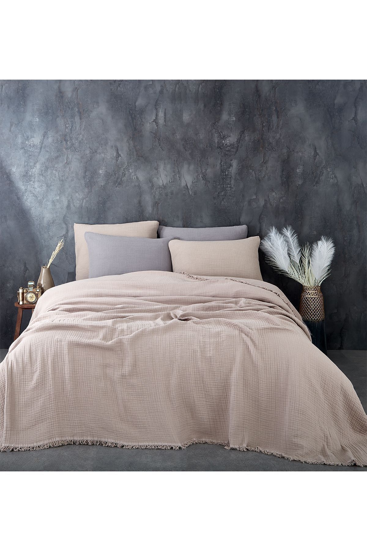 Evlen Home Collection-100% Cotton Muslin Bedspread Set Single 4 Layers Soft Muslin Pique Set Blanket Capp 6