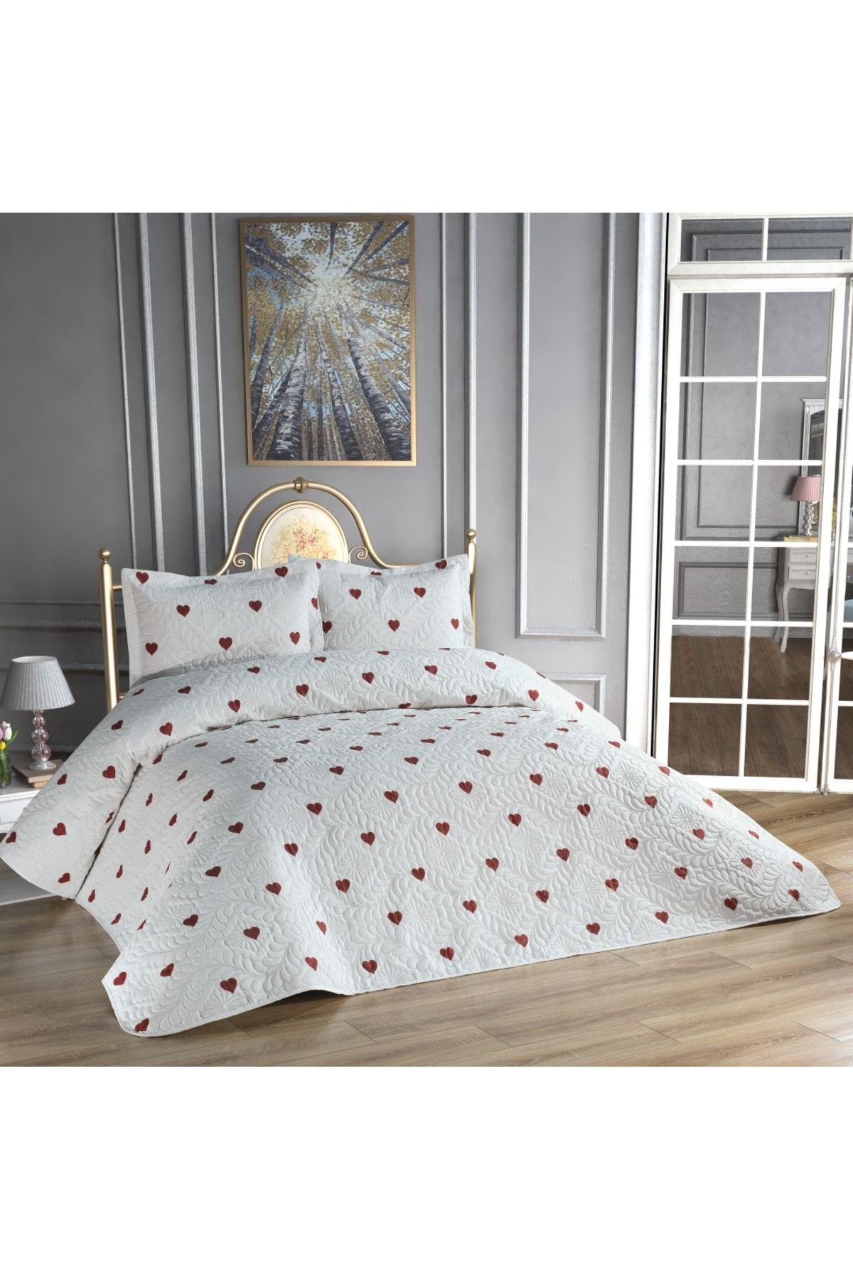 d'niss home touch of nature in your home Love Çift Taraflı 3 Parça Çift Kişilik Yatak Örtüsü