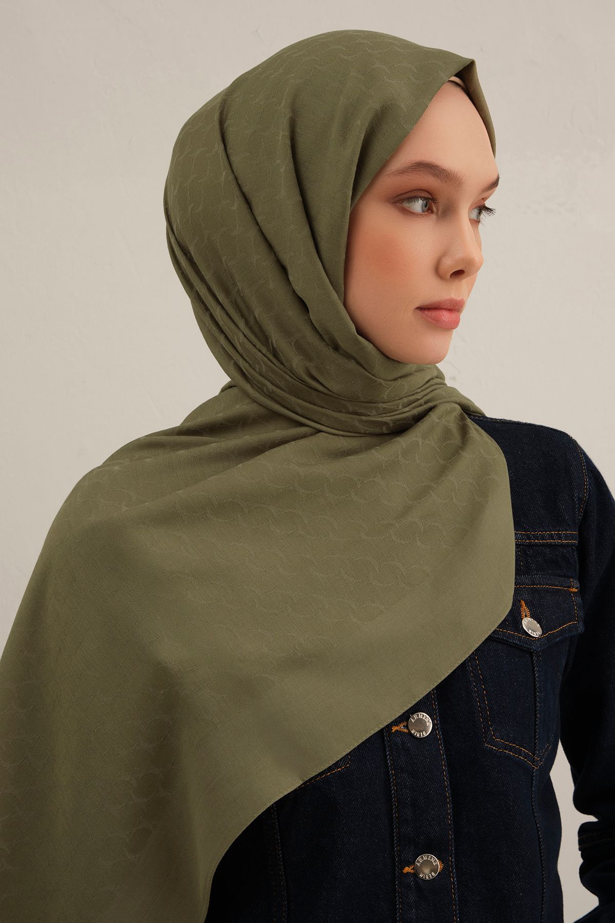 Armine Haki Link Desen Bambu Cotton Şal 49