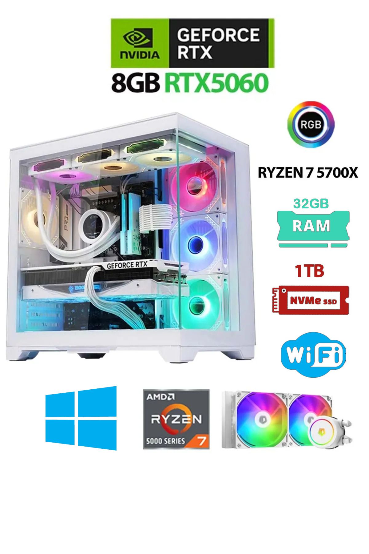 Dmc N315 (PUBG,GTA 5) Ryzen 7 5700x 32gb Ram 1tb M.2,8GB RTX5060 Sıvı Soğutmalı Oyuncu Bilgisayarı