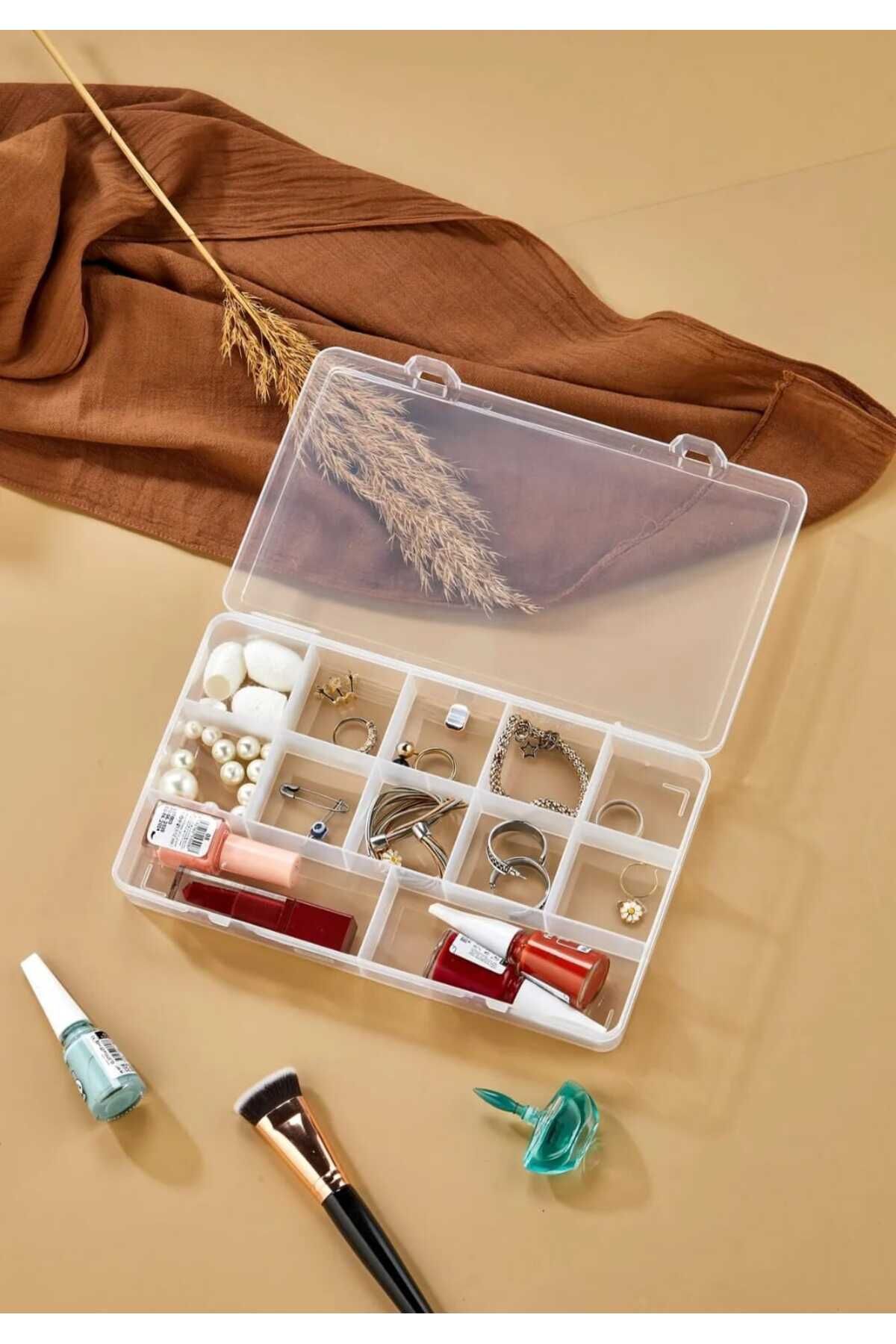 CENGİZ ÇEYİZ Büyük Boy 12 Bölmeli Kolye Yüzük Kapaklı Takı Kutusu ORGANİZER Düzenleyici Kutu 20x10x3 cm 004