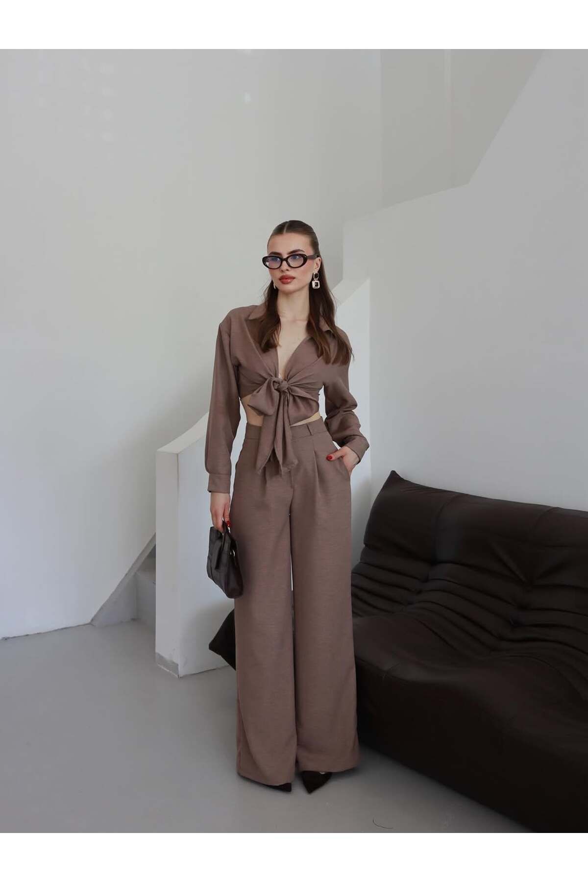ZENİSO BUTİK KADIN BAĞLAMALI CROP BLUZ & BOL PAÇA PANTOLON İKİLİ TAKIM