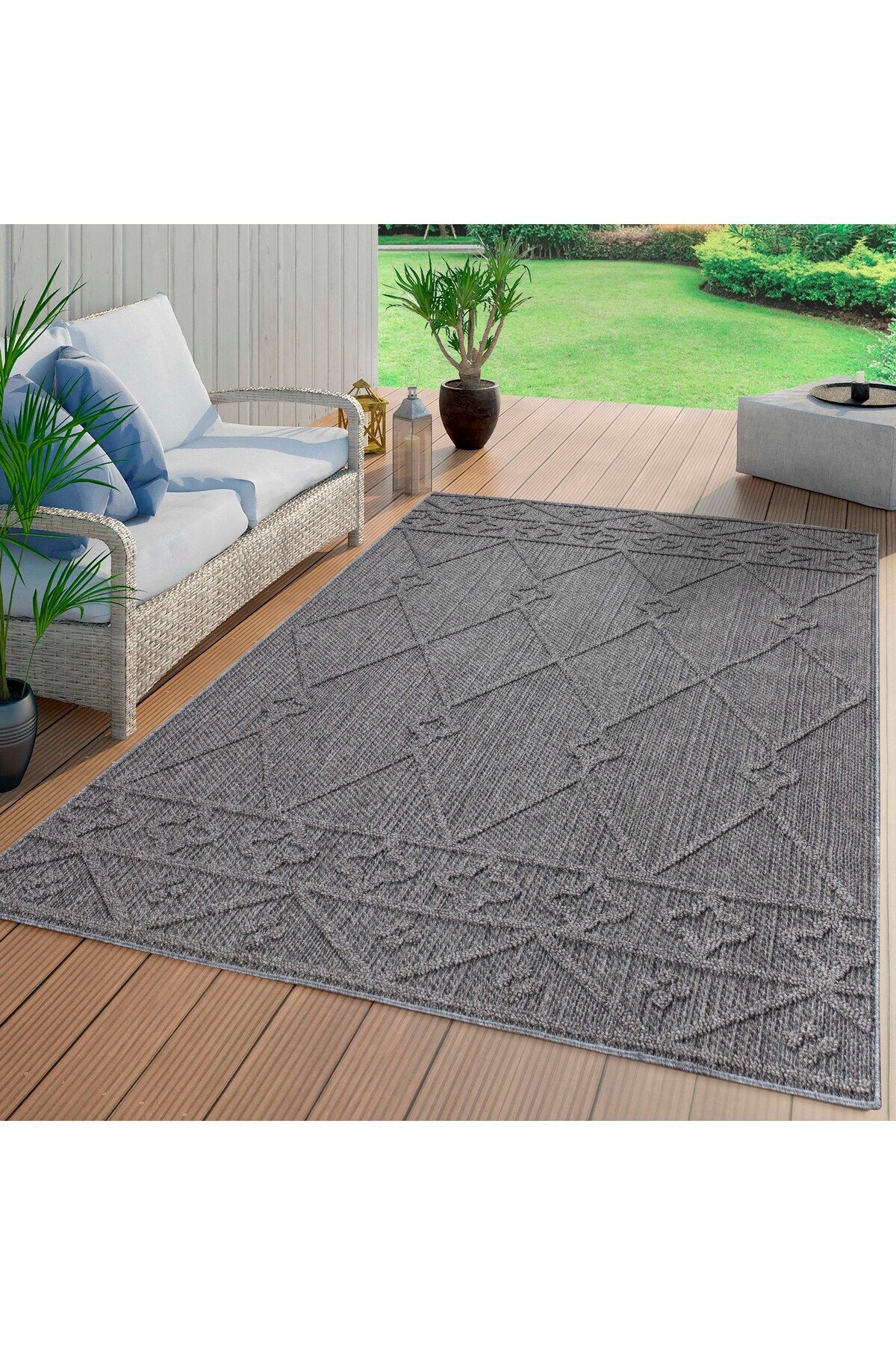 Enva Home Geometrik Çizgiler Modern Tasarımlar İskandinav Dokuma Taban İç ve Dış Mekan İnce Halı Gri