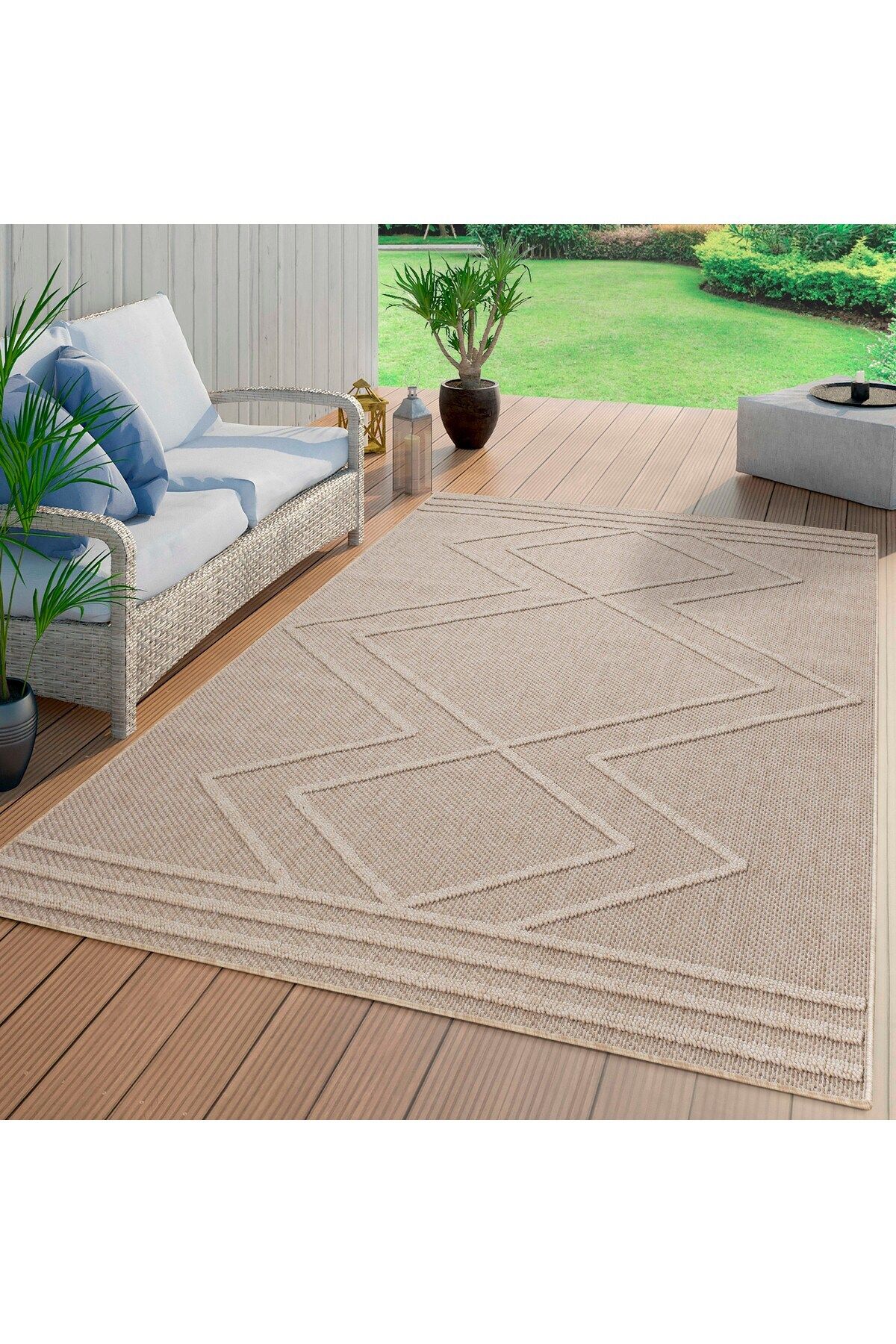 Enva Home Geometrik Çizgiler Modern Tasarımlar İskandinav Dokuma Taban İç ve Dış Mekan İnce Halı Bej