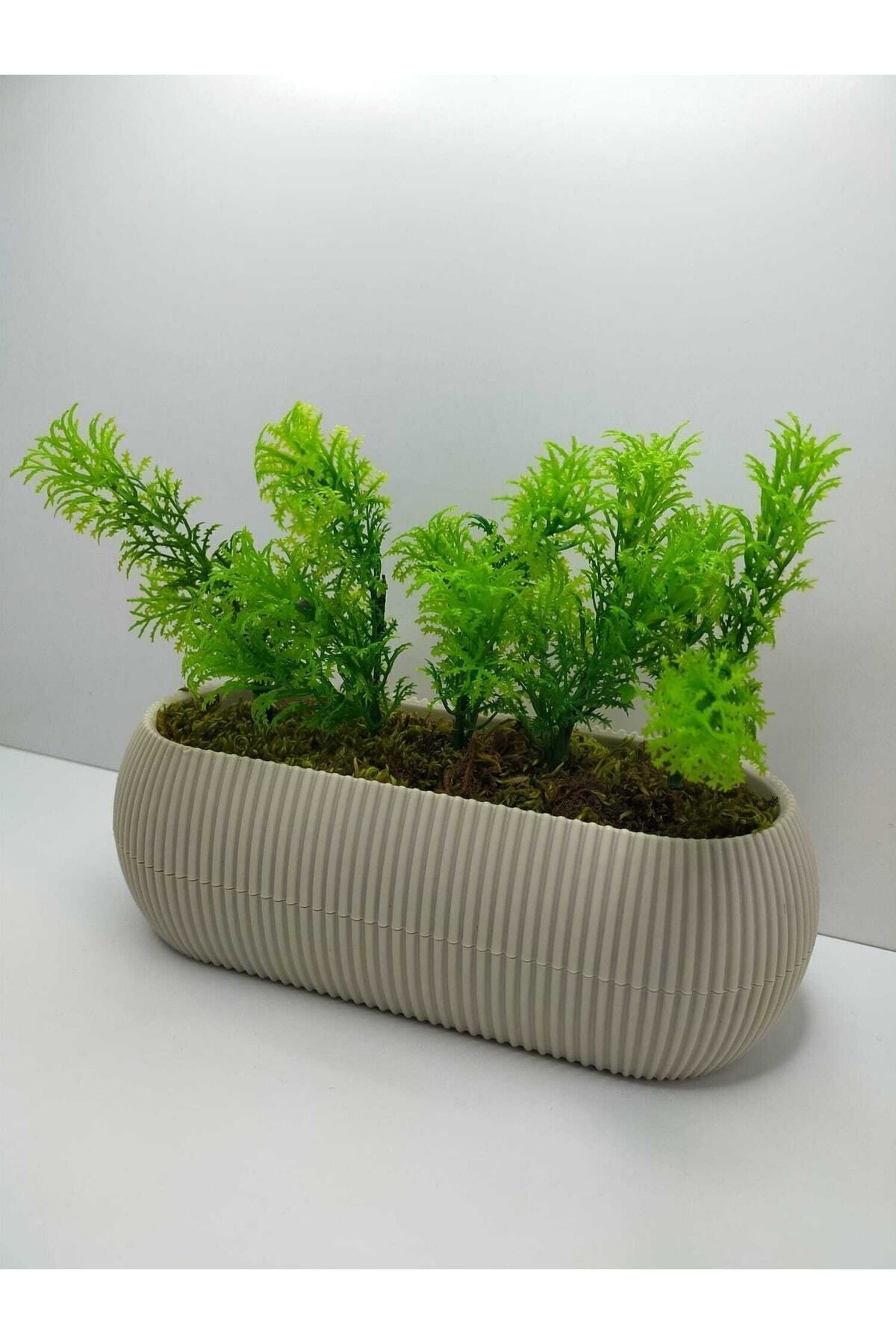 NAXAY Uzun Saksıda Yapay Çiçek Taş Yosunlu Çim Yeşili Bitki , Banyo Mutfak Masa Çiçeği 21x9x7 Cm