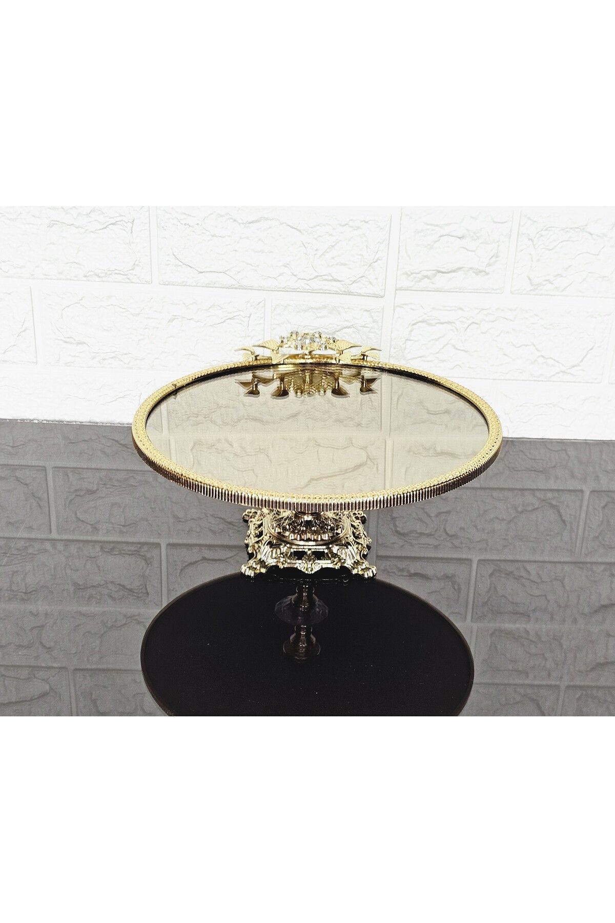 atabey home-Large Bronze Mirror Round Serving Plate 25cm - Presentation Cast Gold Frame and Cast Leg 1