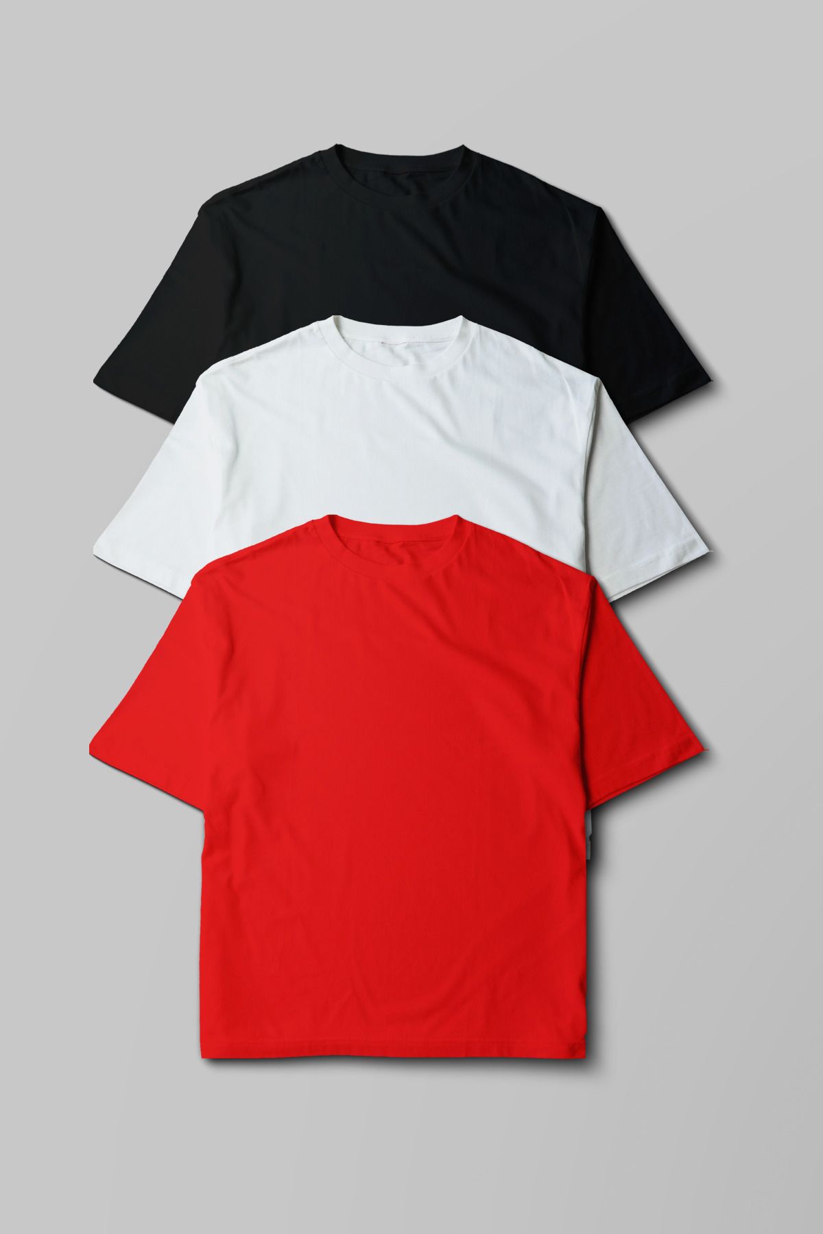 Pratik Tekstil Unisex Oversize 3'lü Paket Siyah - Beyaz- Kırmızı %100 Pamuklu Bisiklet Yaka Tshirt