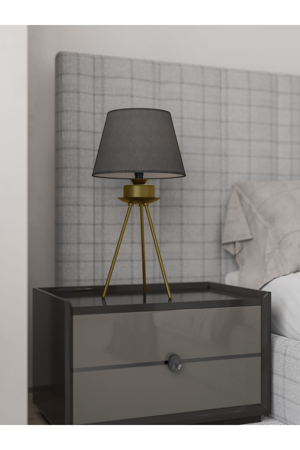 avizade Luxora Avizade Eskitme Tripod Ayaklı Siyah Şapkalı Modern Masa Abajuru-ESKİTME KASA-GRİ ŞAPKA