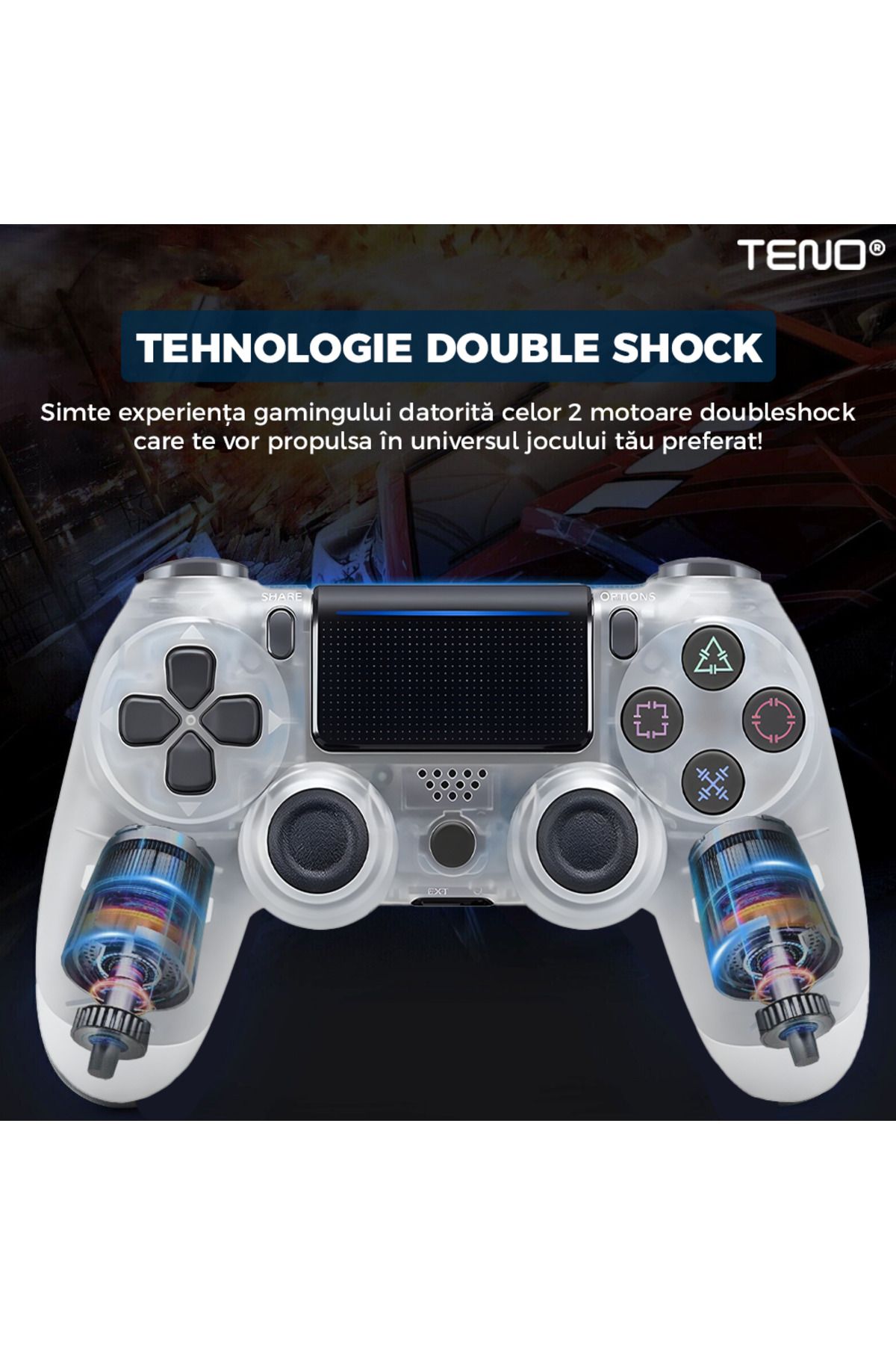 Teno-DoubleShock Teno® Wireless Controller, compatible with PS4, analog joysticks, transparent 4