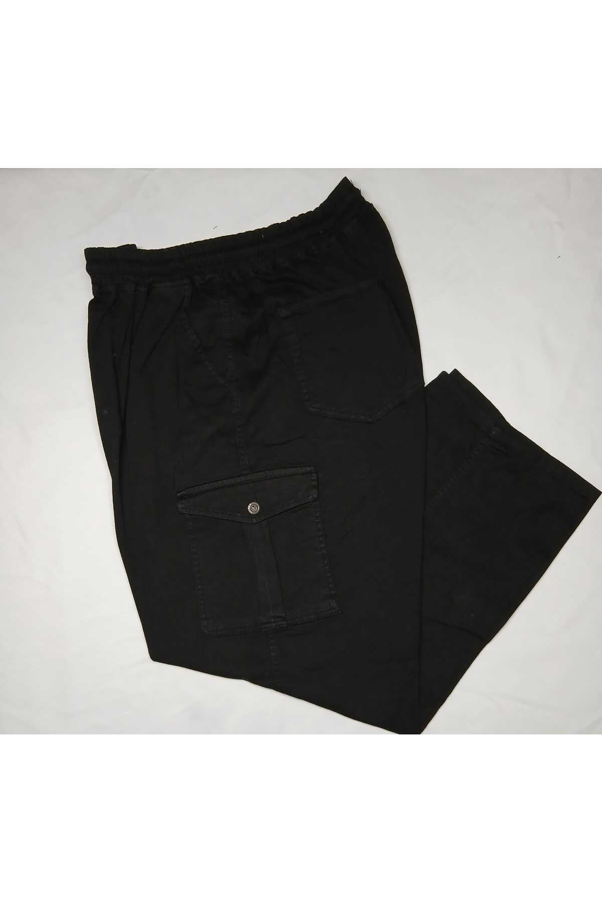 AKTEZ-EL Erkek Büyük Beden Gabardin Pantolon Siyah Kargo Cepli Jogger Beli Lastikli görsel 4