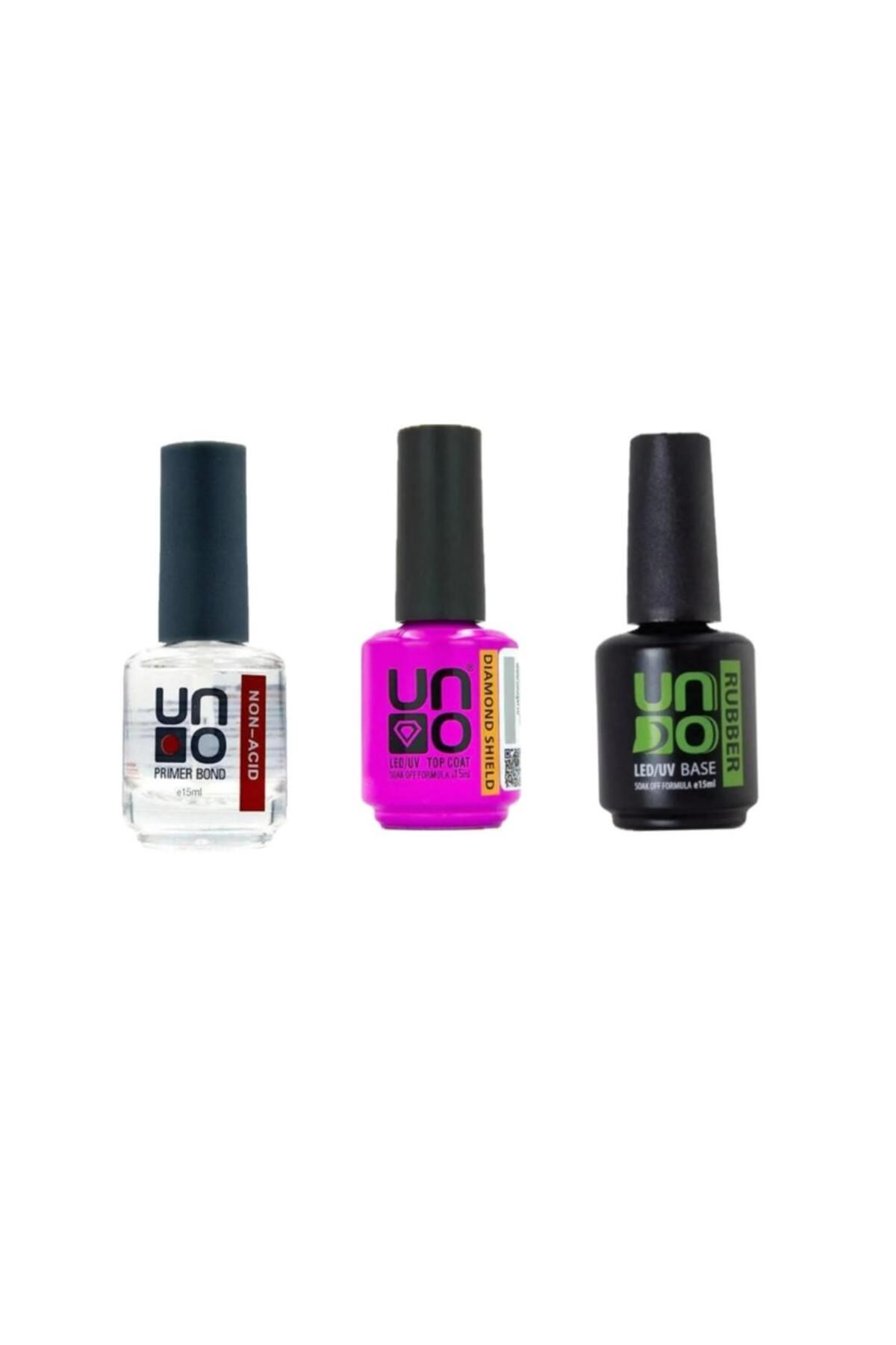 QNAİL PROFESSİONAL Uno Non-Acid Primer Bond 15Ml Asitsiz Primer+ Uno Dıamond Shıeld Coat 15Ml+Uno Rubber Base Coat15 ml