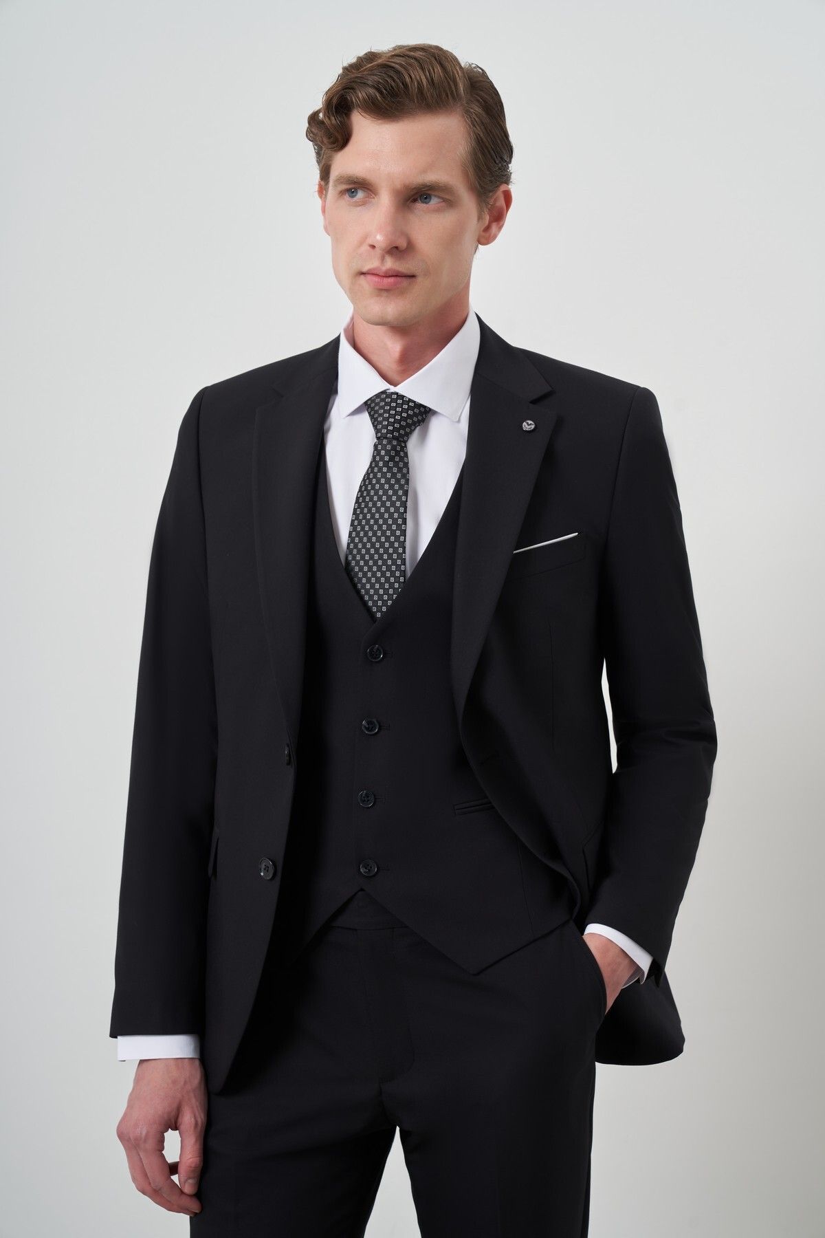 Morven Erkek Siyah Poliviskon Basic Yelekli Slim Fit Mono Yaka Takım Elbise