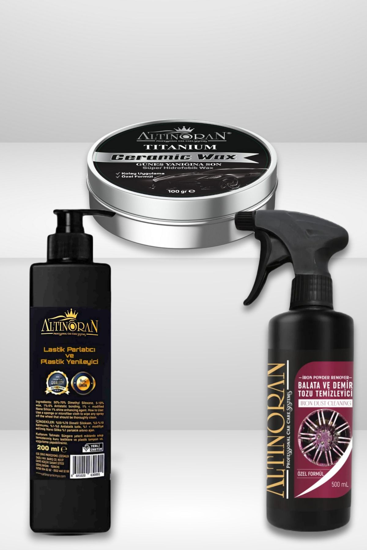Altınoran Jant Temizleyici, Lastik Parlatıcı ve Seramik Wax Seti | Demir Tozu Sökücü+Titanium Wax+Lastik Jel