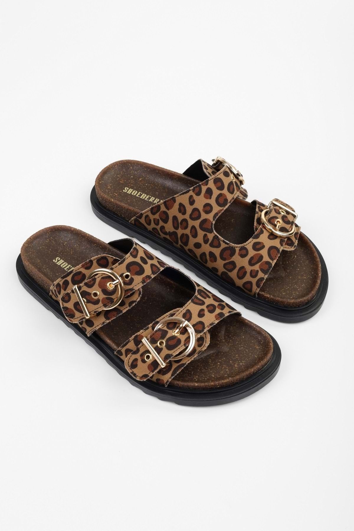Shoeberry Kadın Vian Leopar Süet Kemerli Terlik