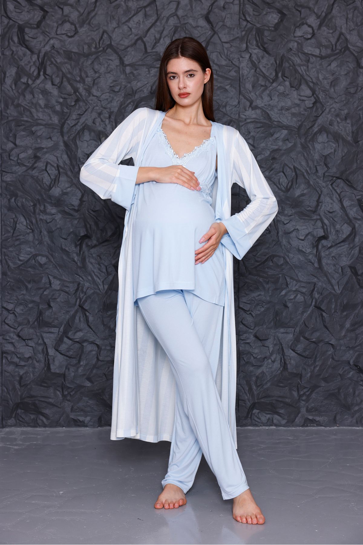 Yulem Homewear Mavi Askılı Emzirme Özellikli Lohusa Hamile Sabahlıklı 3'lü Pijama Takım Set