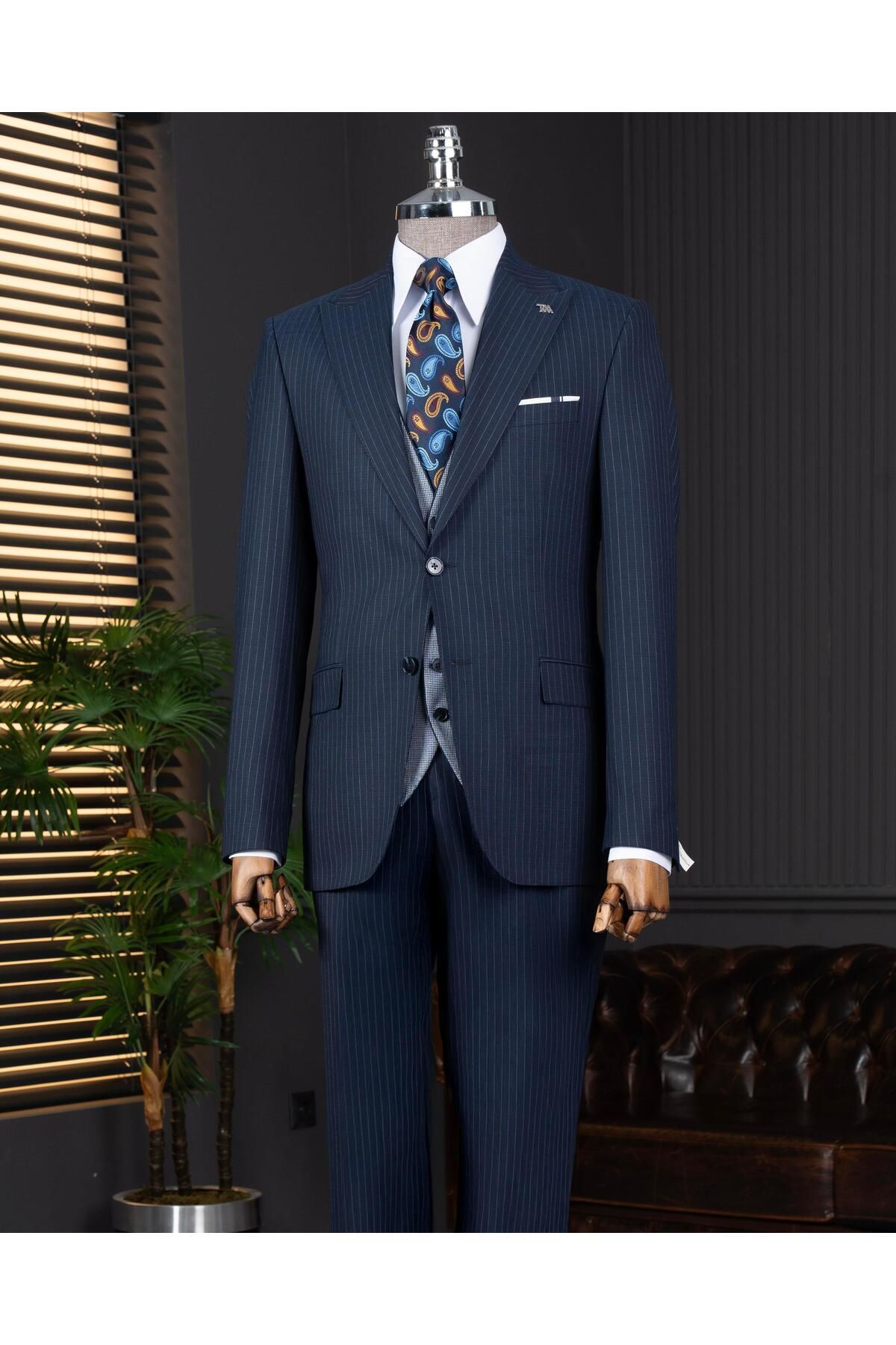 TerziAdemAltun İtalyan stil kombin takım elbise ceket yelek pantalon lacivert T14042