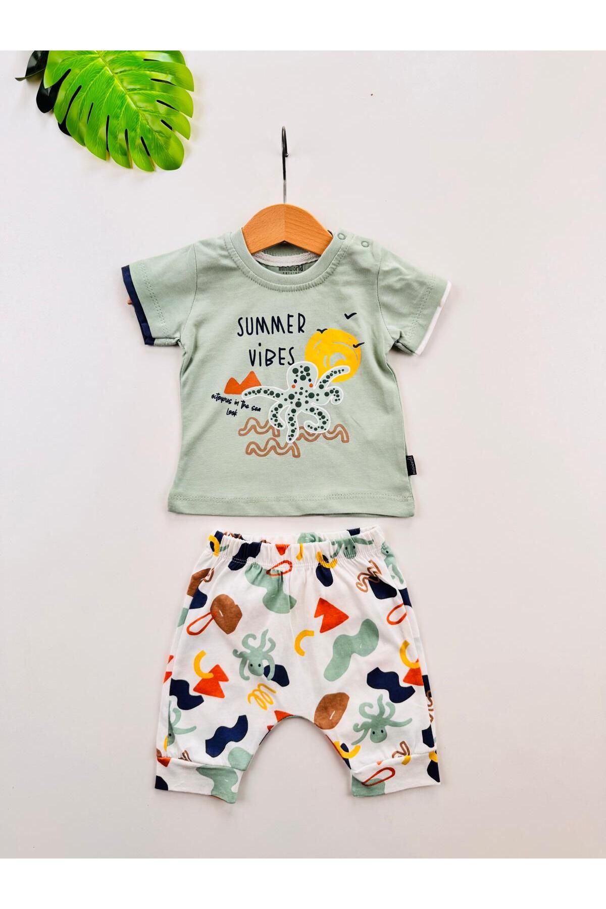 Miniword Ahtapot Baskılı Fularlı İkili Erkek Bebek Takım