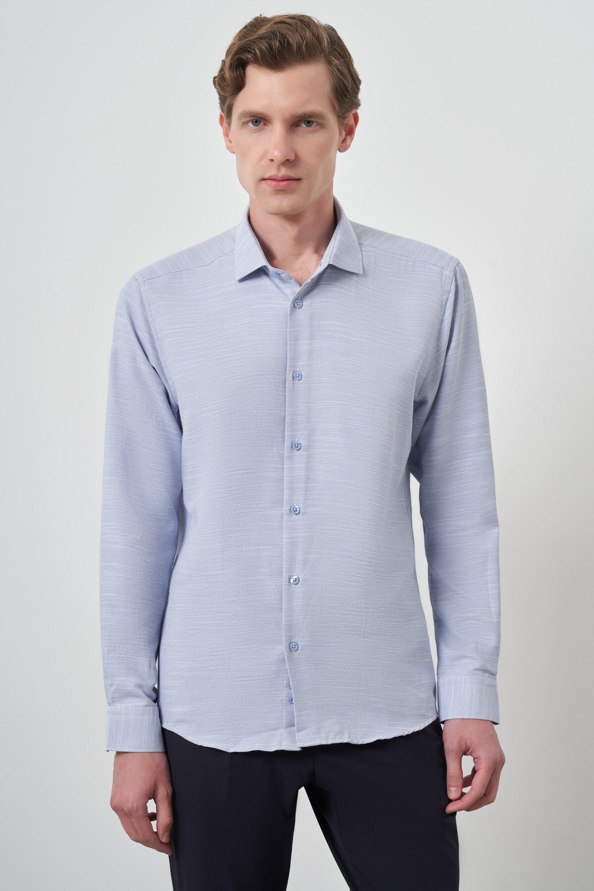 Morven Erkek Mavi Slim Fit İtalyan Yaka Gömlek