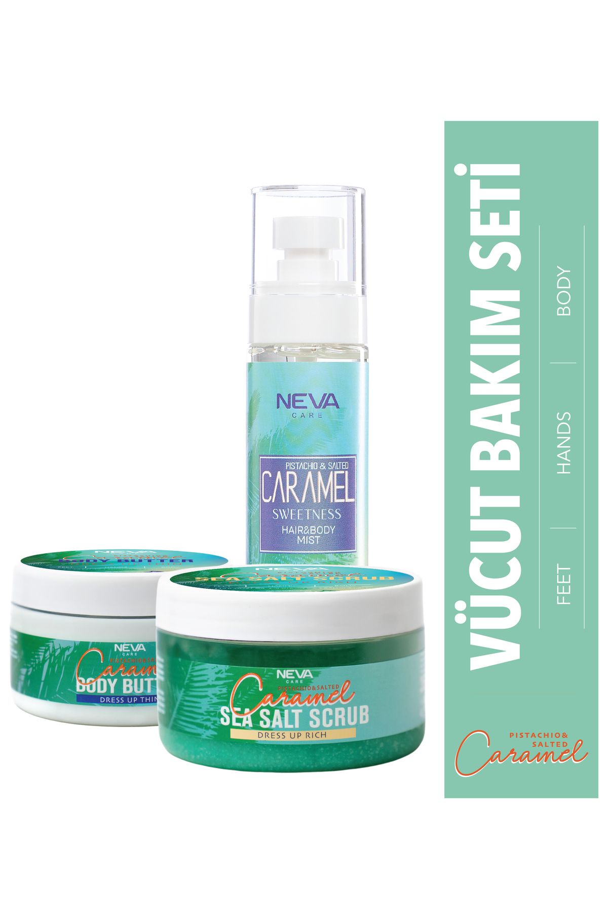 Nevacare CARAMEL 3'LÜ VÜCUT BAKIM SETİ (Haır Body Mıst 100ml + Scrub 350g + Butter 250ml)