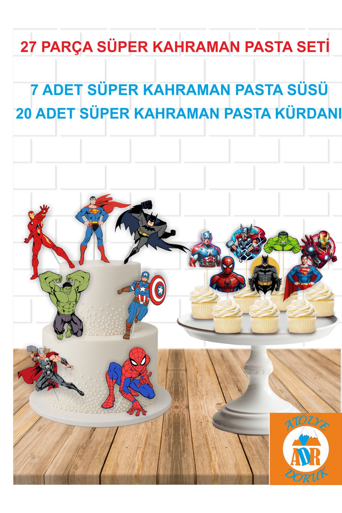 Atolye Doruk 27 PARÇA Süper Kahramanlar Doğum Günü Parti Seti-Çubuklu Pasta Süsü-Kahramanlar Pasta Kek Kürdanı