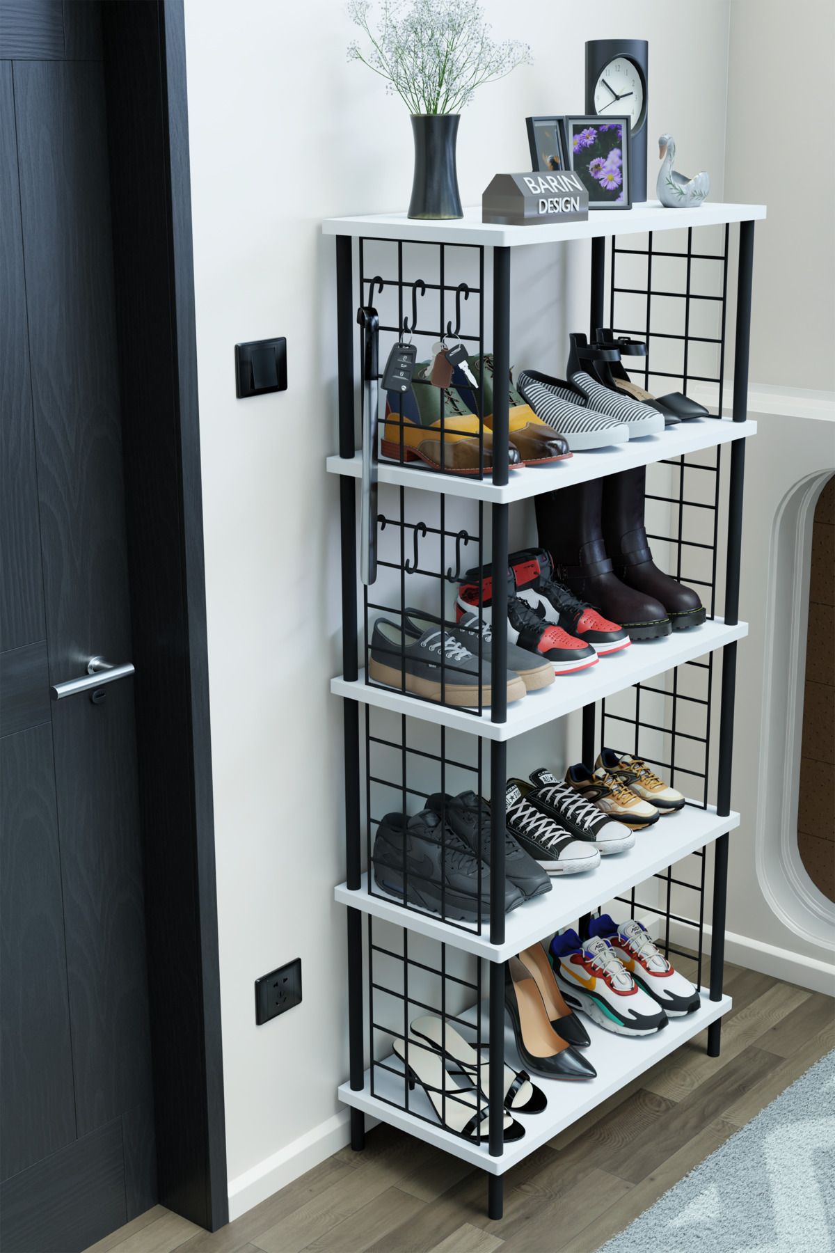 BARIN DESIGN 5 Raflı Telli Çevir Kur Çok Amaçlı Ayakkabılık ve Düzenleyici Raf Ünitesi Antre, Banyo, Balkon, Ofis
