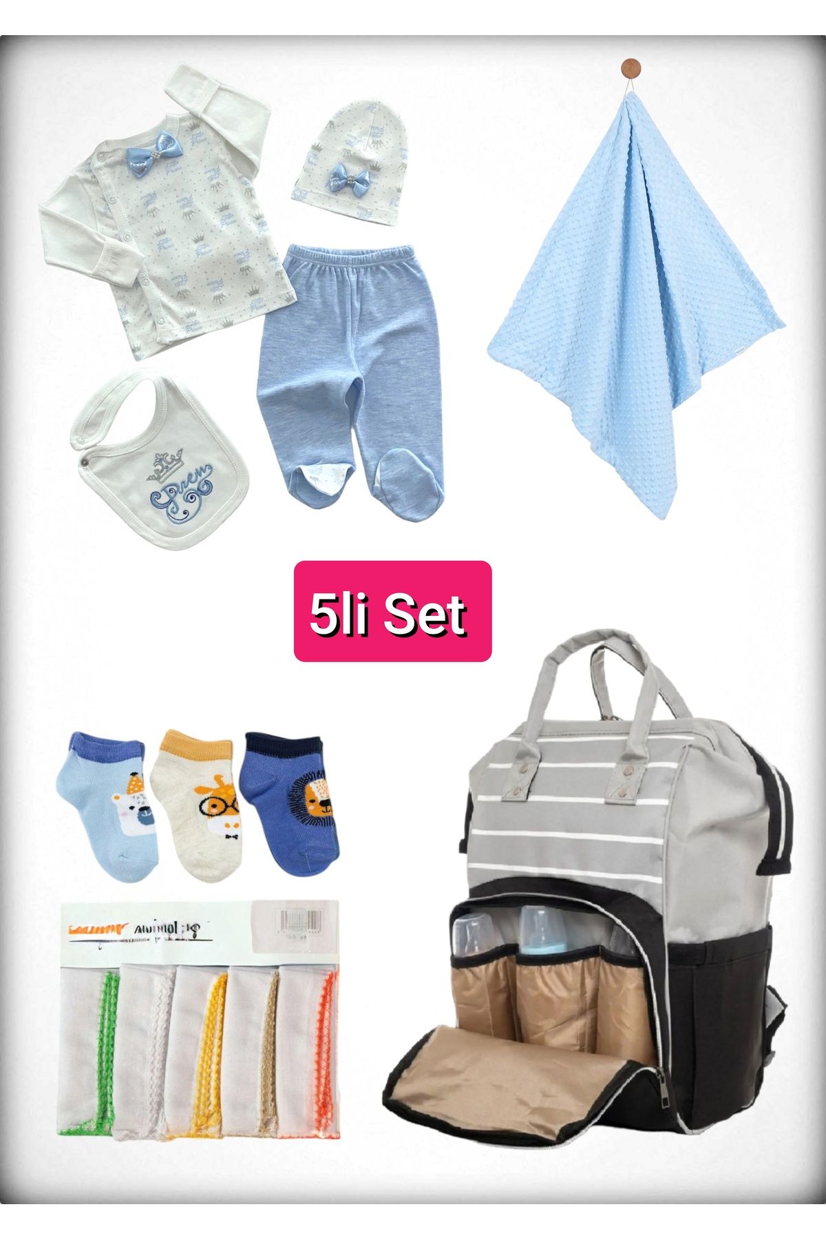 Avşar Baby 5 li Doğum Seti (Anne Bebek Çantası Hastane Çıkışı Battaniye 10 Lu Mendil Ve 3 Lü Çorap)
