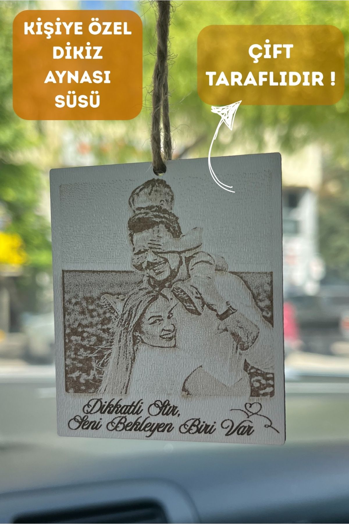 SepetDoluyor Kişiye Özel Çift Taraflı Dikiz Aynası Süsü - Sevgiliye Hediyelik Araba Aksesuarı (5.5x6.5 cm)