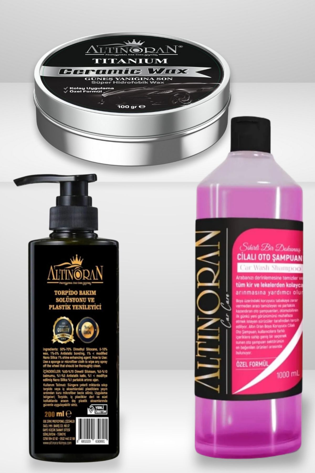 Altınoran Araç Bakım Seti | Titanium Seramik Wax, Torpido Parlatıcı ve Oto Şampuan