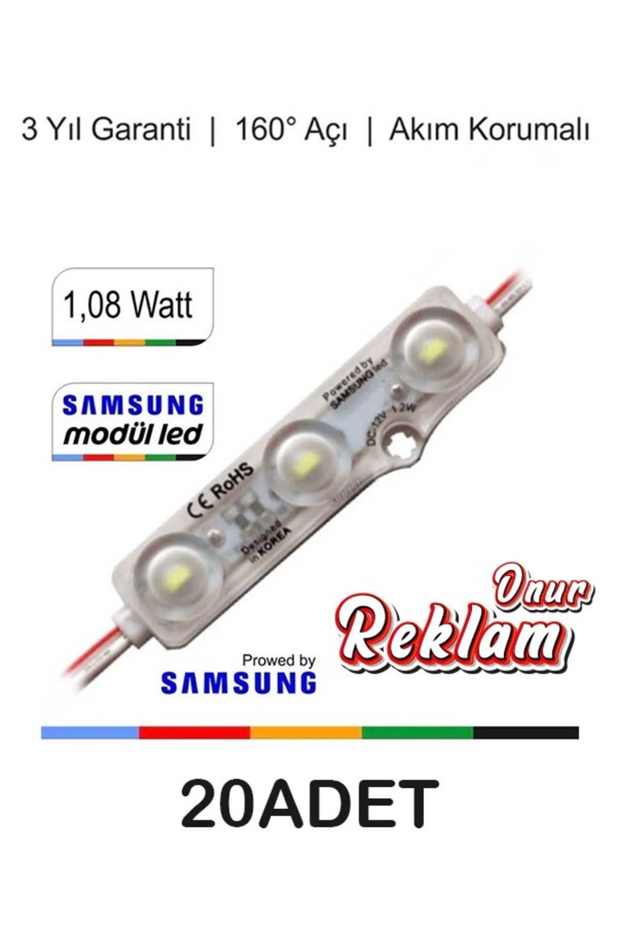 onurreklamonline Çipli Modül LED – 1.08W – 3'lü Lensli 160° Açı – 12V – 20 Adet Paket