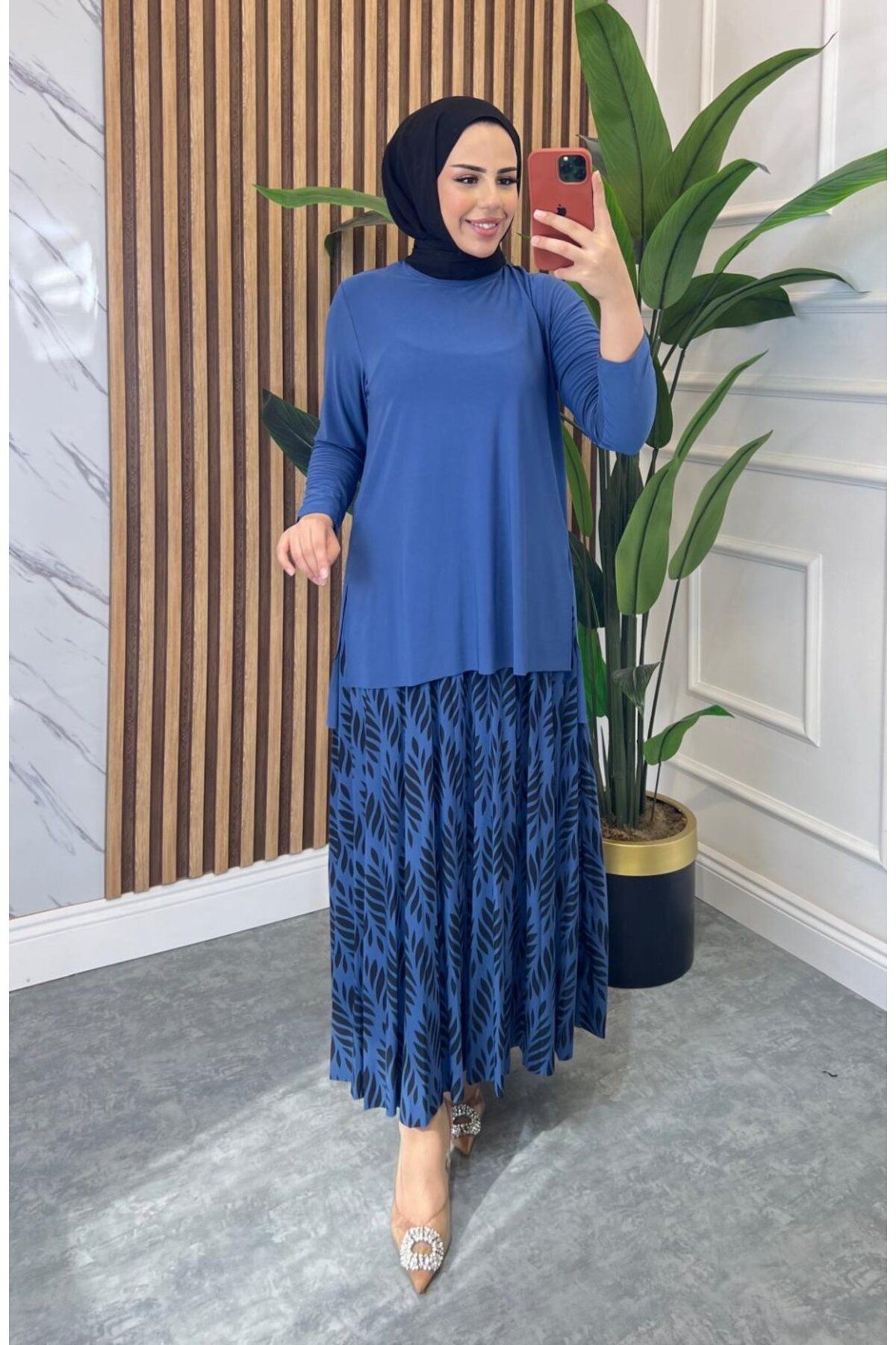 NİSUM MODA YAPRAK DESEN SANDY ETEKLİ TAKIM