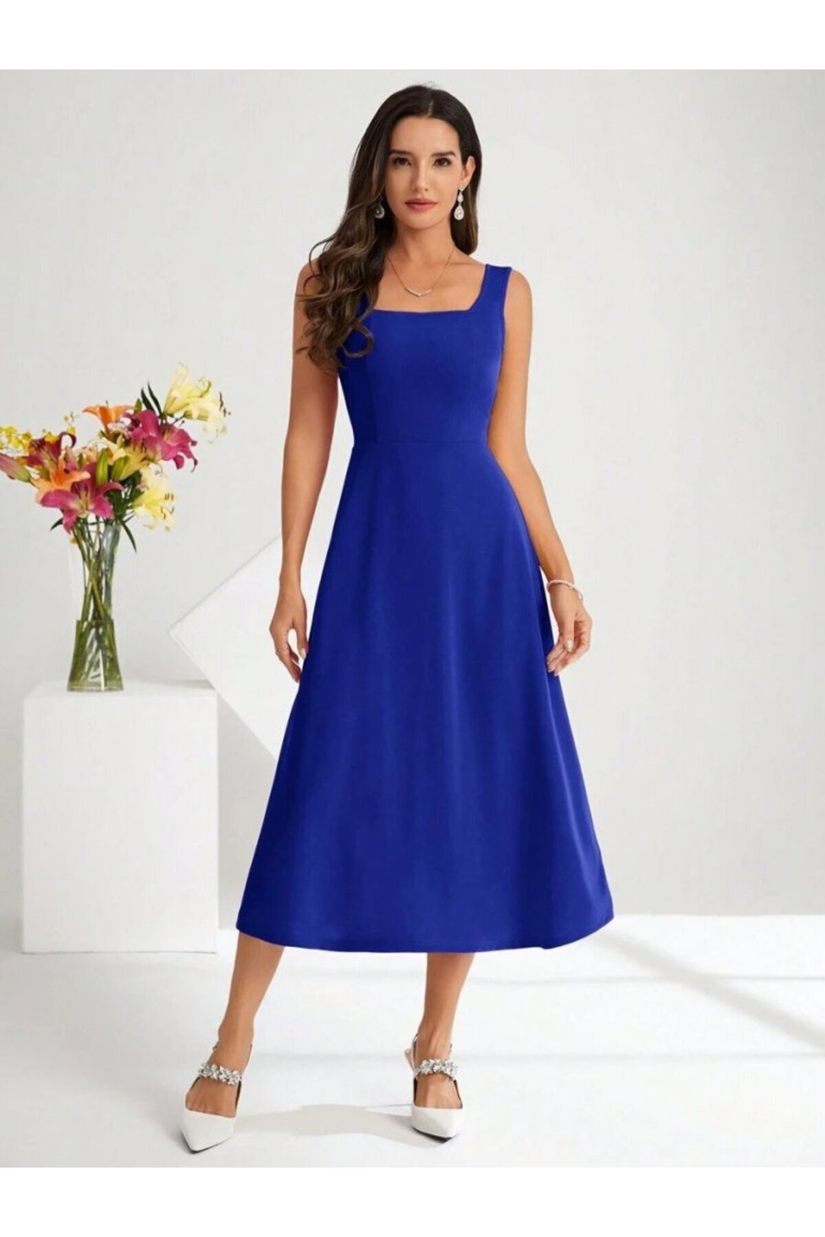 Kokosh moda-Women's Strap Square Neck Midi Imported Crepe Dress 3