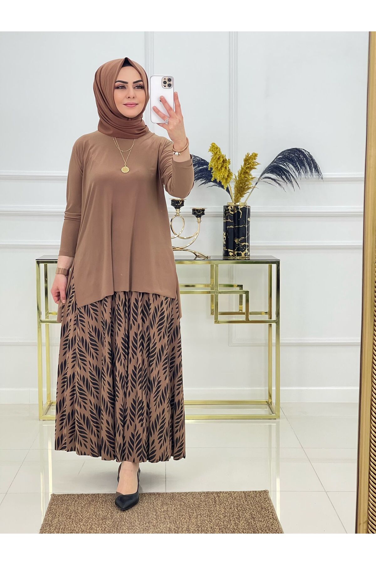 NİSUM MODA YAPRAK DESEN SANDY ETEKLİ TAKIM