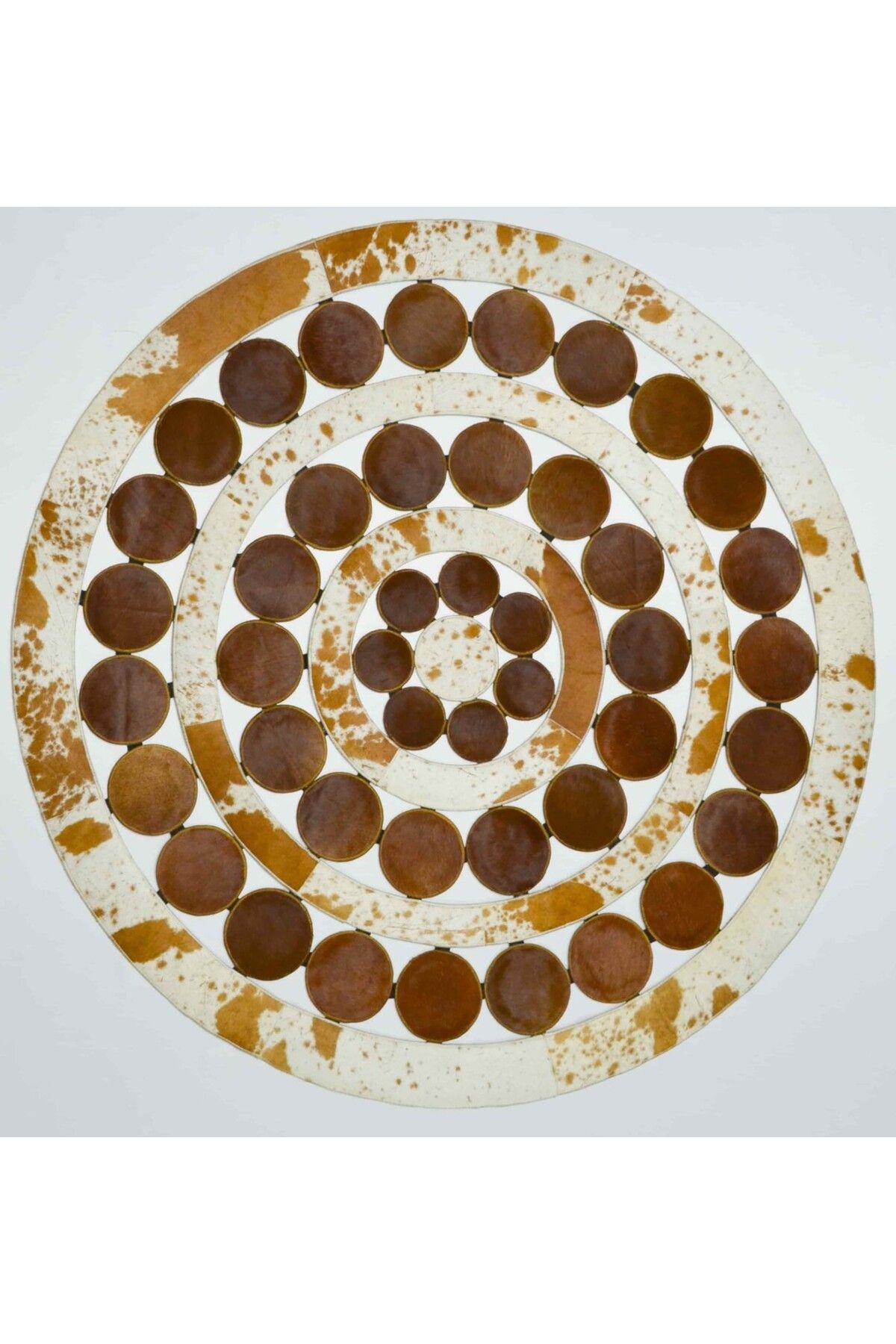 Handmade Krem ve Kahverengi Yuvarlak Deri Patchwork Halı 150x150 cm (2,25 m²)