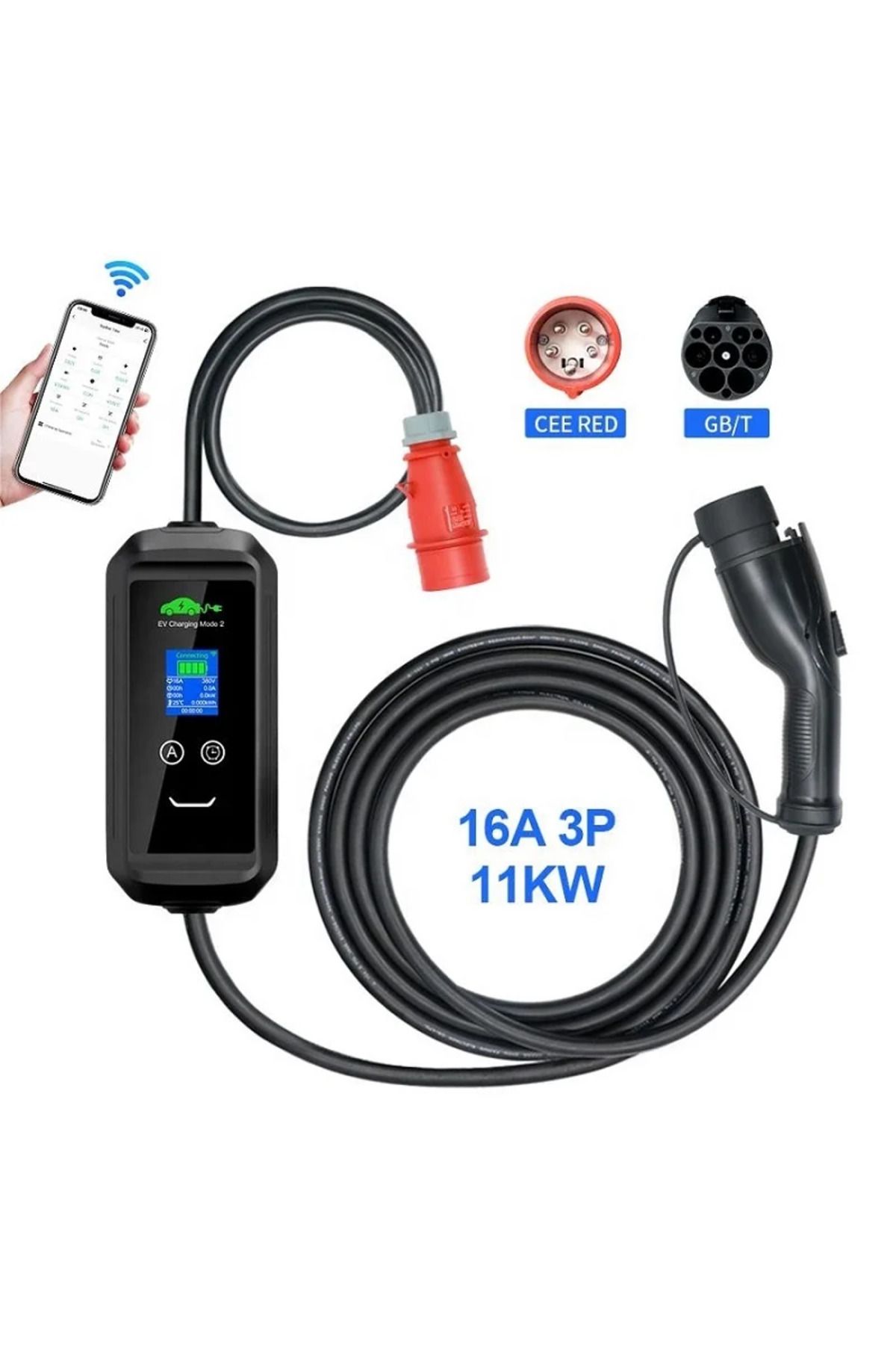 GÜMRÜK BEY SAE J1772 EV Mode 2 16A 3 Faz 11 Kw 5 Metre Kablo EU Priz Elektrikli Araç Şarj İstasyonu Araç Şarjı