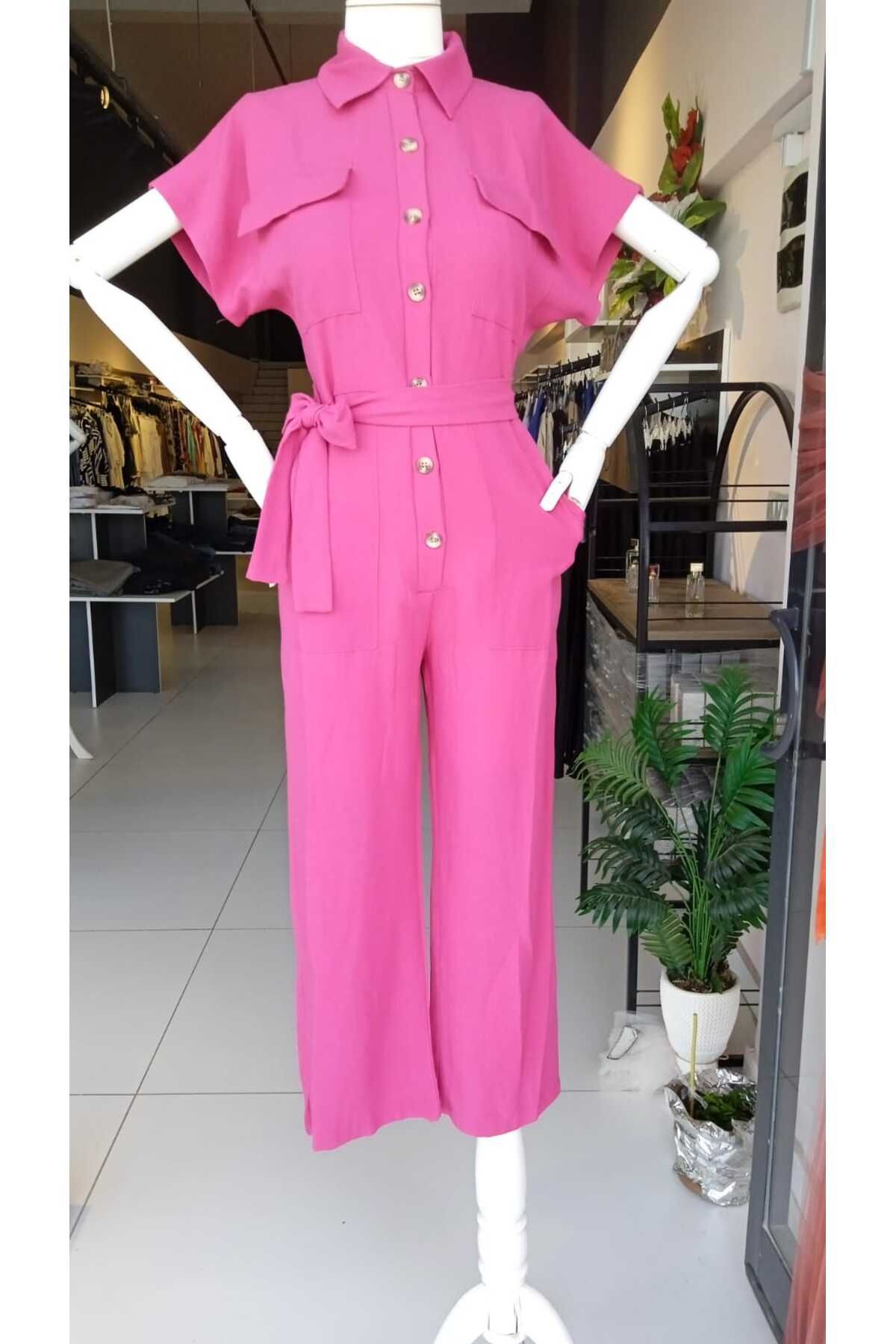 Shenaz PEMBE KETEN YARIM KOL TULUM