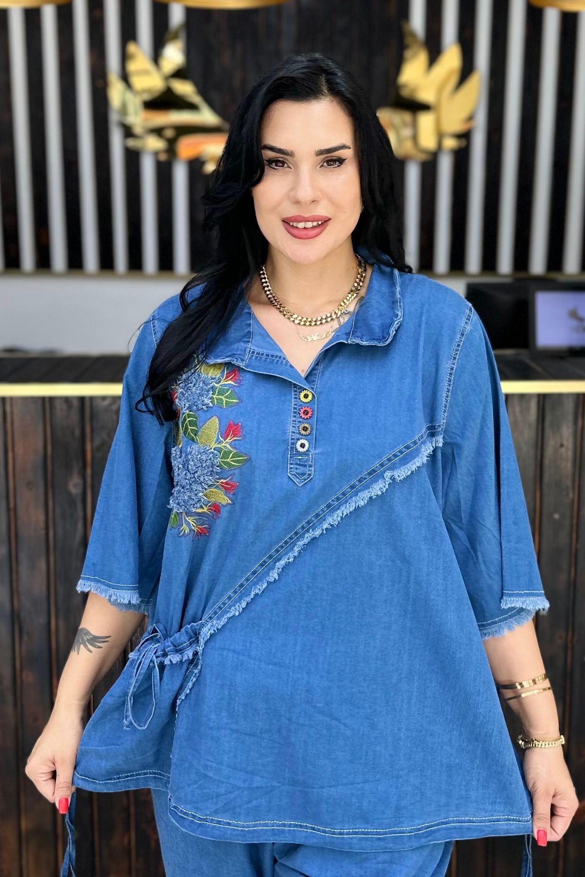 GÖKSEL Nakişli İnce Kot Bluz Büyük Beden