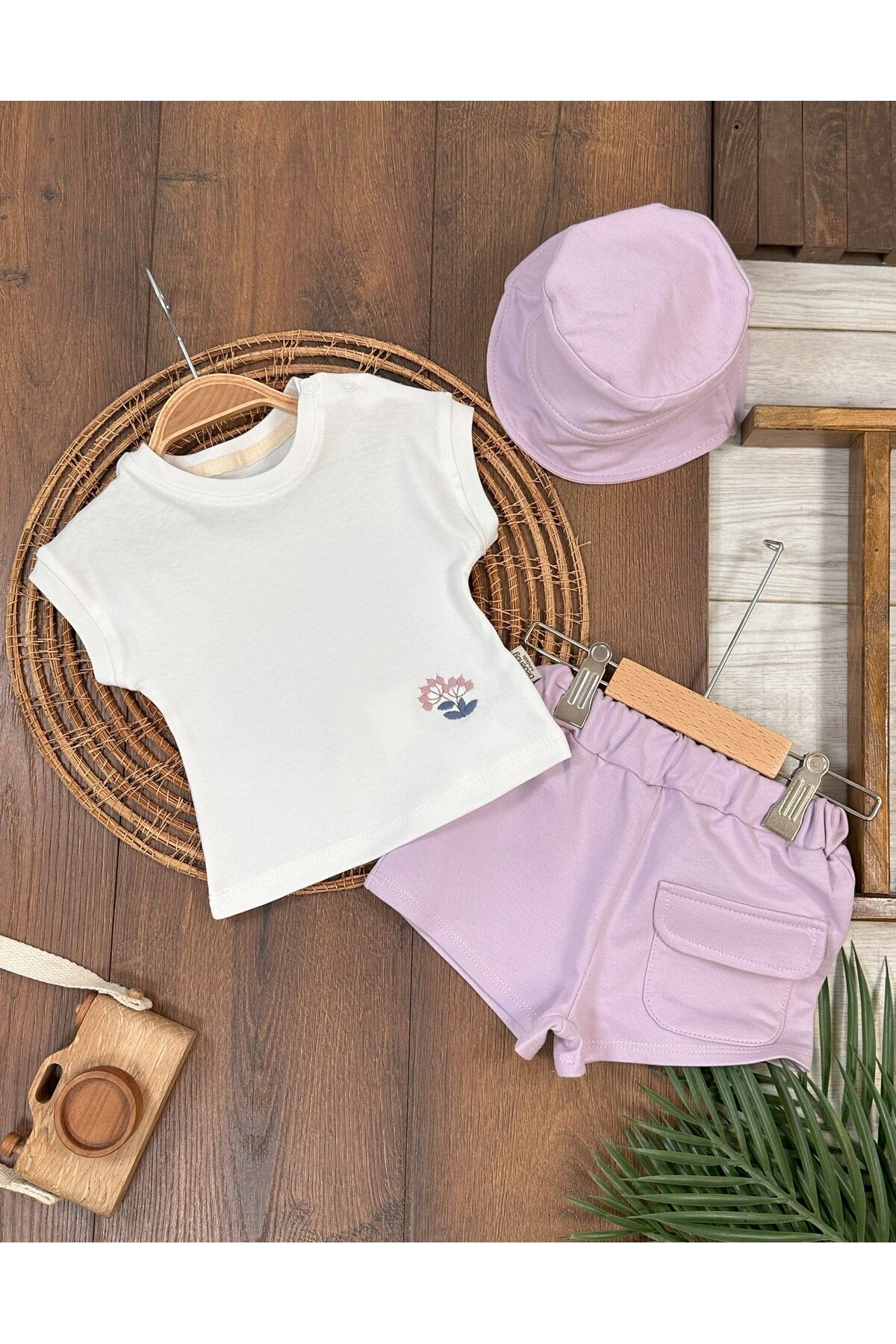 Baby Waka CEP DETAYLI ÇİÇEK İŞLEMELİ ŞORTLI KIZ BEBEK TAKIM
