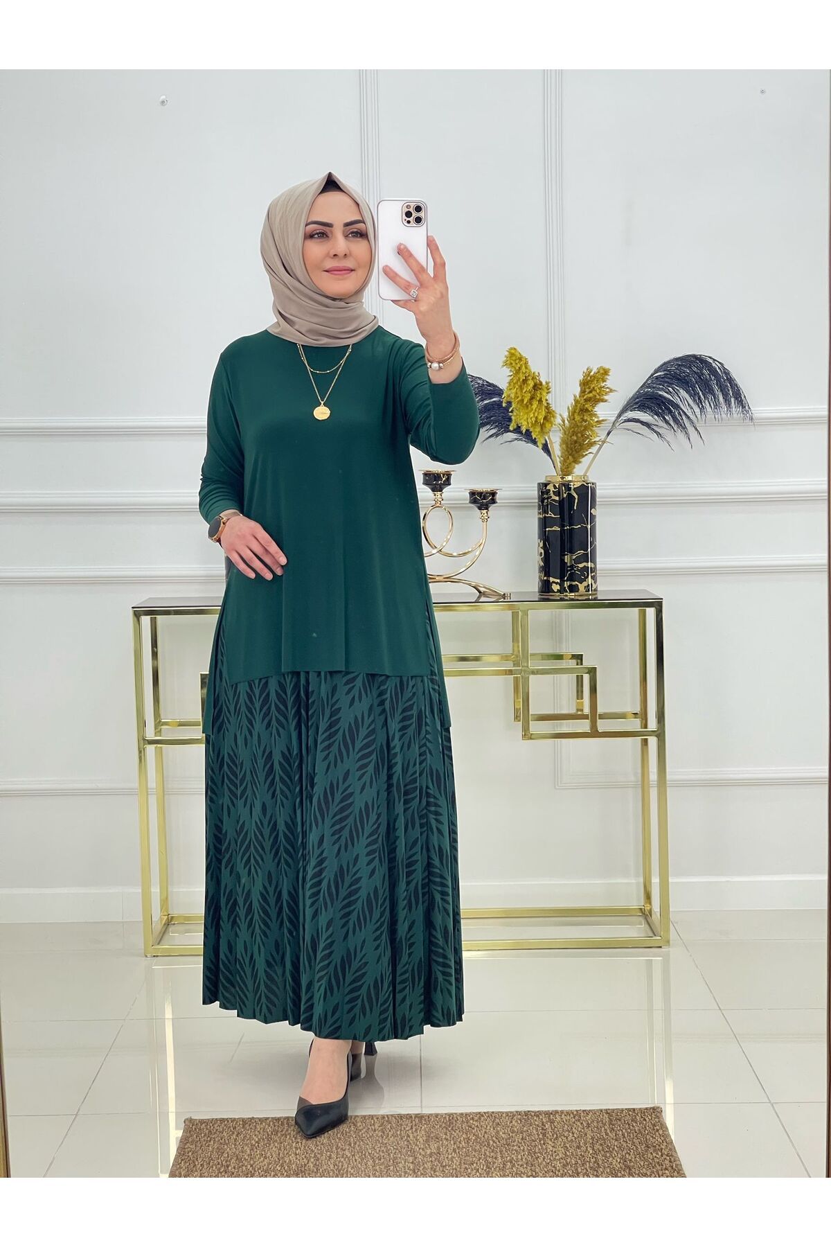 NİSUM MODA YAPRAK DESEN SANDY ETEKLİ TAKIM