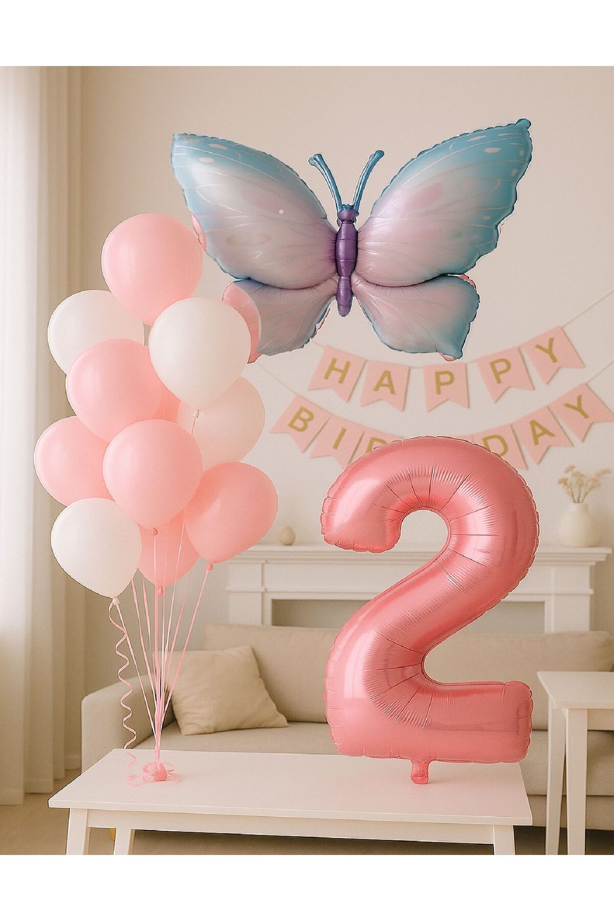 TATLI GÜNLER 2 Yaş Kız Bebek Doğum Günü Süsleme Seti Kelebek ve Rakam Folyo Balon Seti