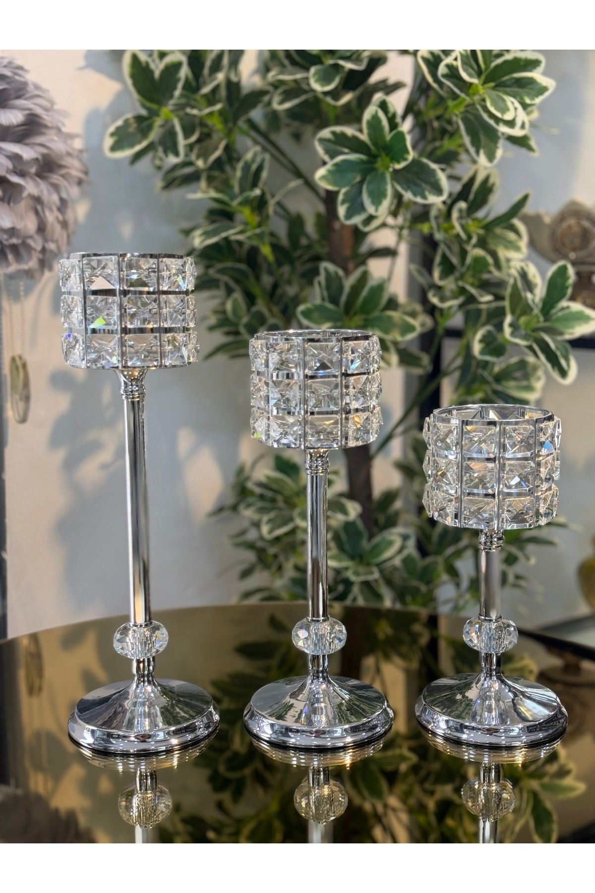 city gold 3'lü Kristal Gümüş Şamdan