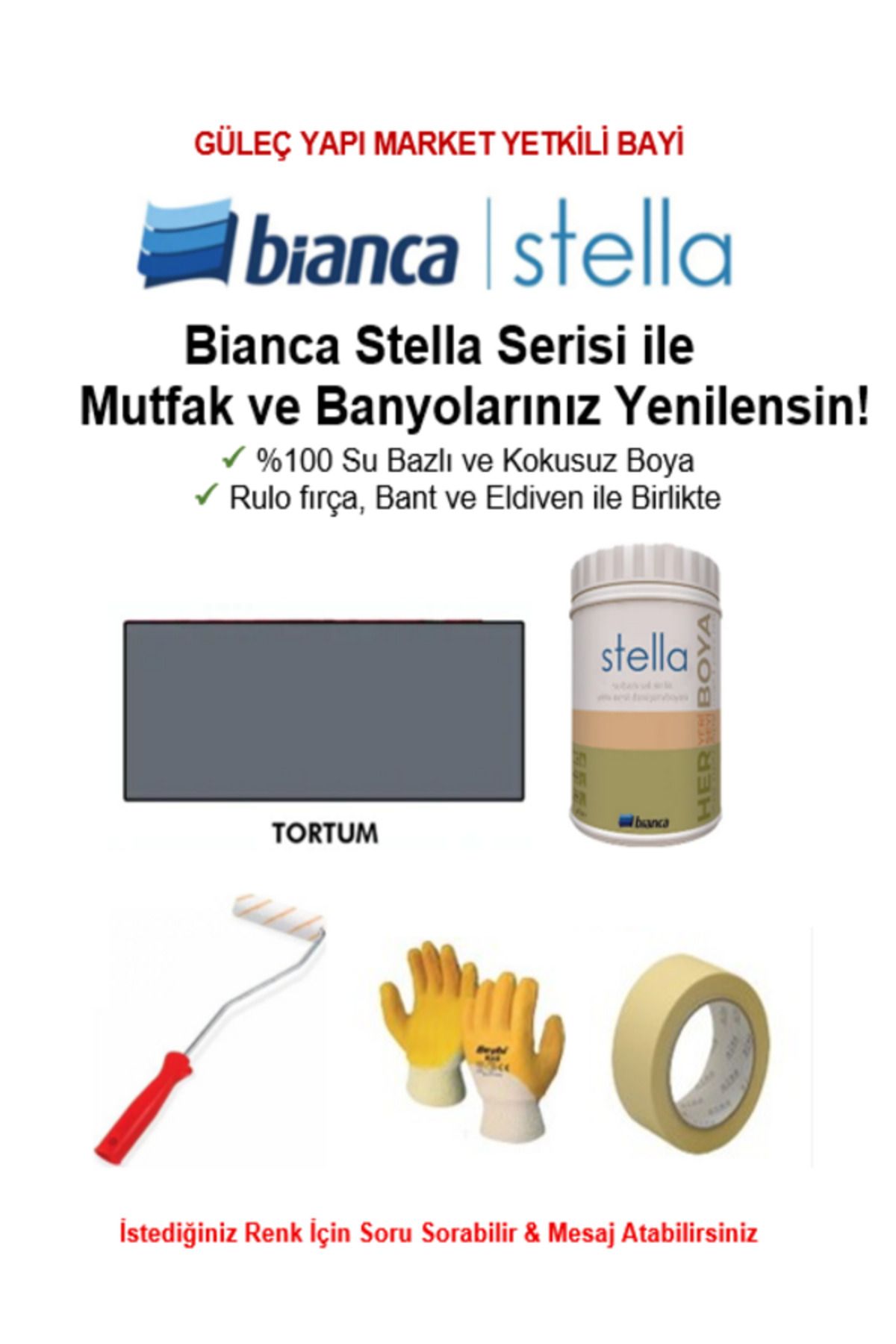 Bianca Stella Su Bazlı Saf Akrilik BOYA ( 1Lt Boya + Rulo fırça, Kağıt Bant ve Eldiven İle Birlikte)