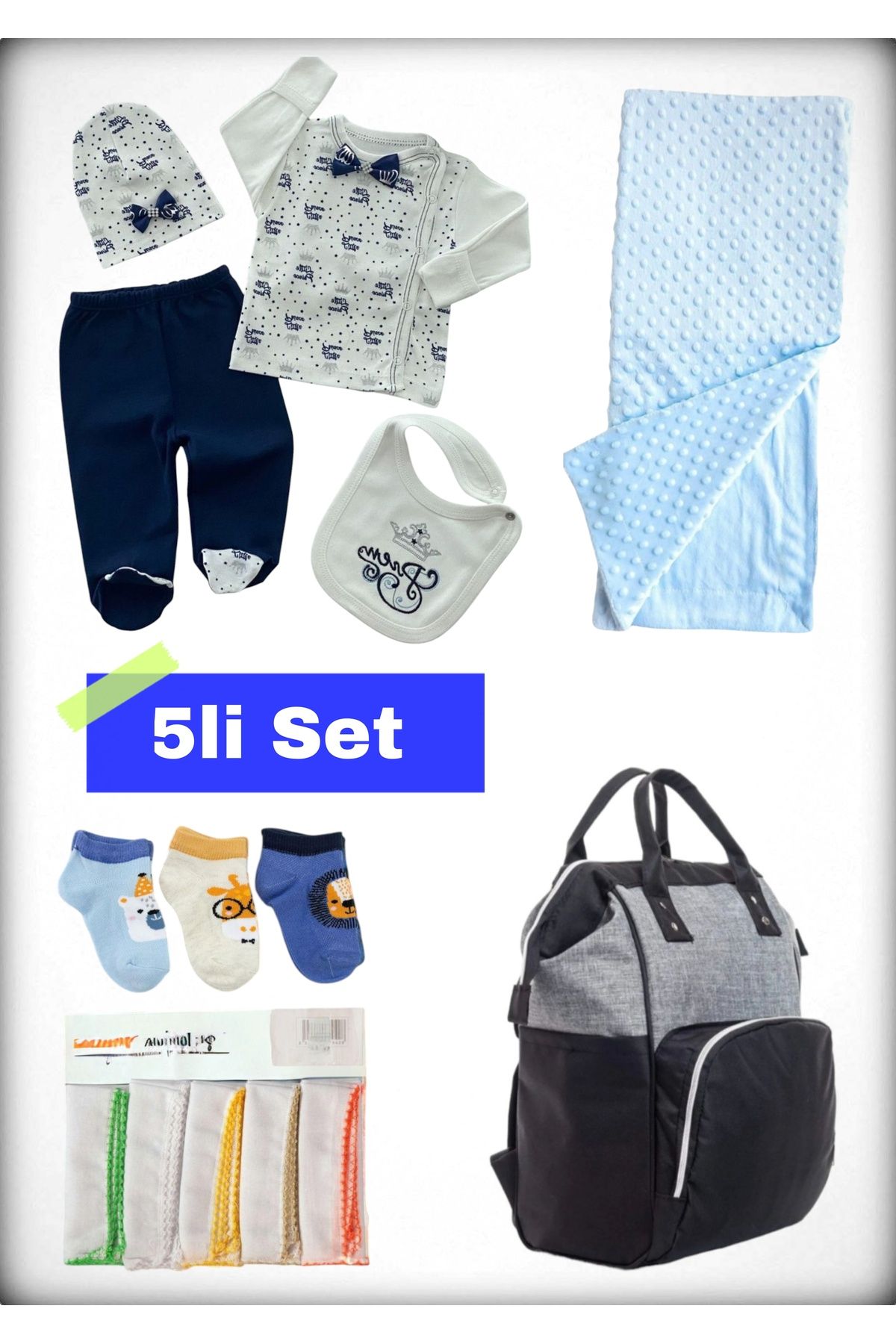 Avşar Baby 5 li Doğum Seti (Anne Bebek Çantası Hastane Çıkışı Battaniye 10 Lu Mendil Ve 3 Lü Çorap)
