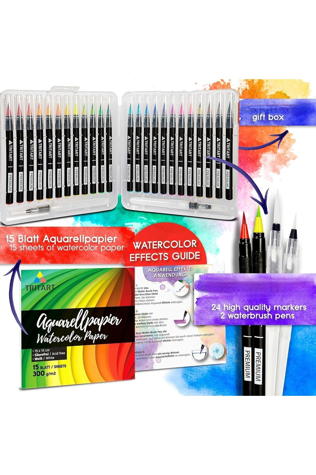 Tritart-Set of 24 markers, Brush tip, Calligraphic, 2 Brushes with water reservoir, 15 sheets, Multicolor 3