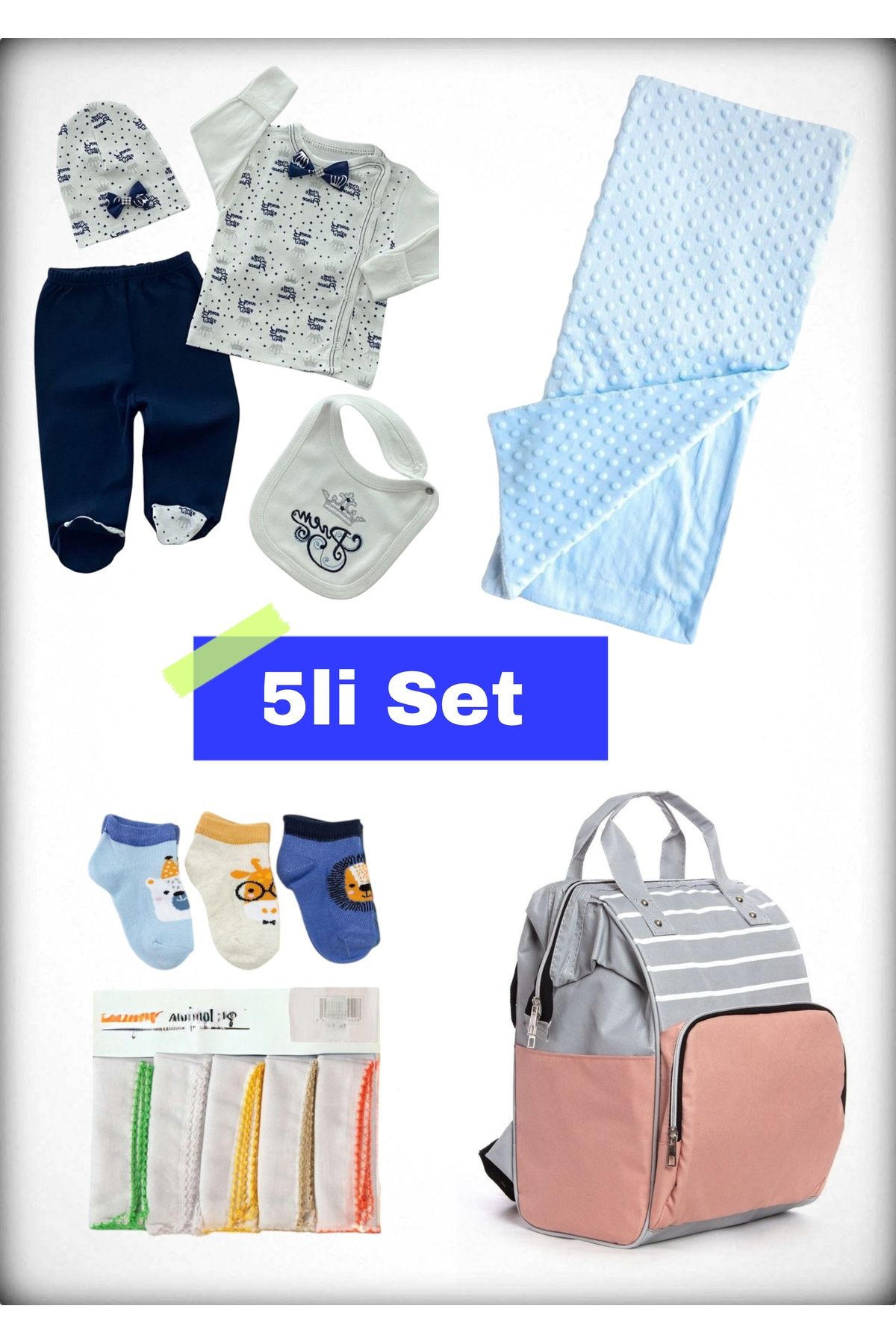 Avşar Baby 5 li Doğum Seti (Anne Bebek Çantası Hastane Çıkışı Battaniye 10 Lu Mendil Ve 3 Lü Çorap)