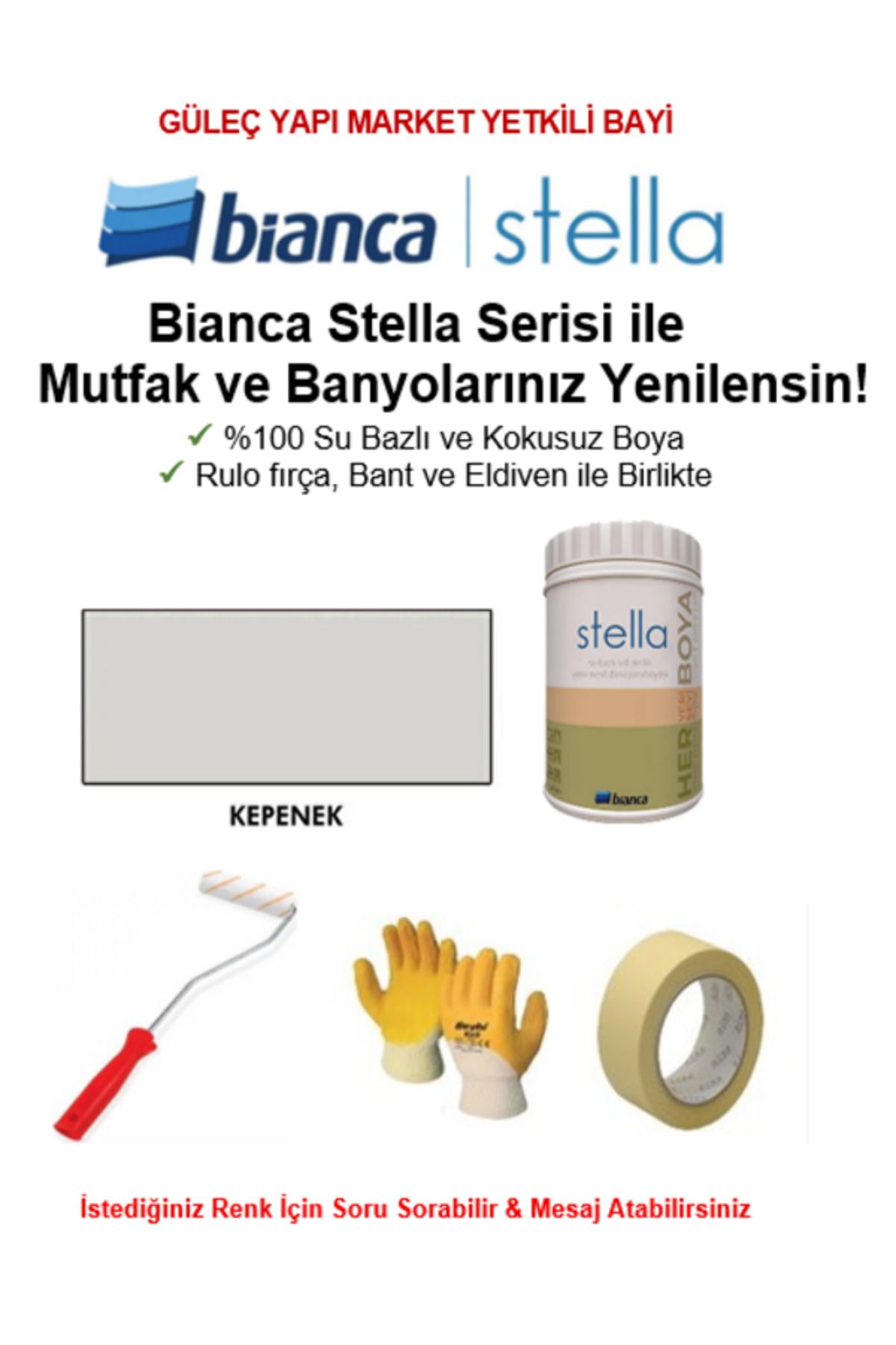 Bianca Stella Su Bazlı Saf Akrilik BOYA ( 1Lt Boya + Rulo fırça, Kağıt Bant ve Eldiven İle Birlikte)