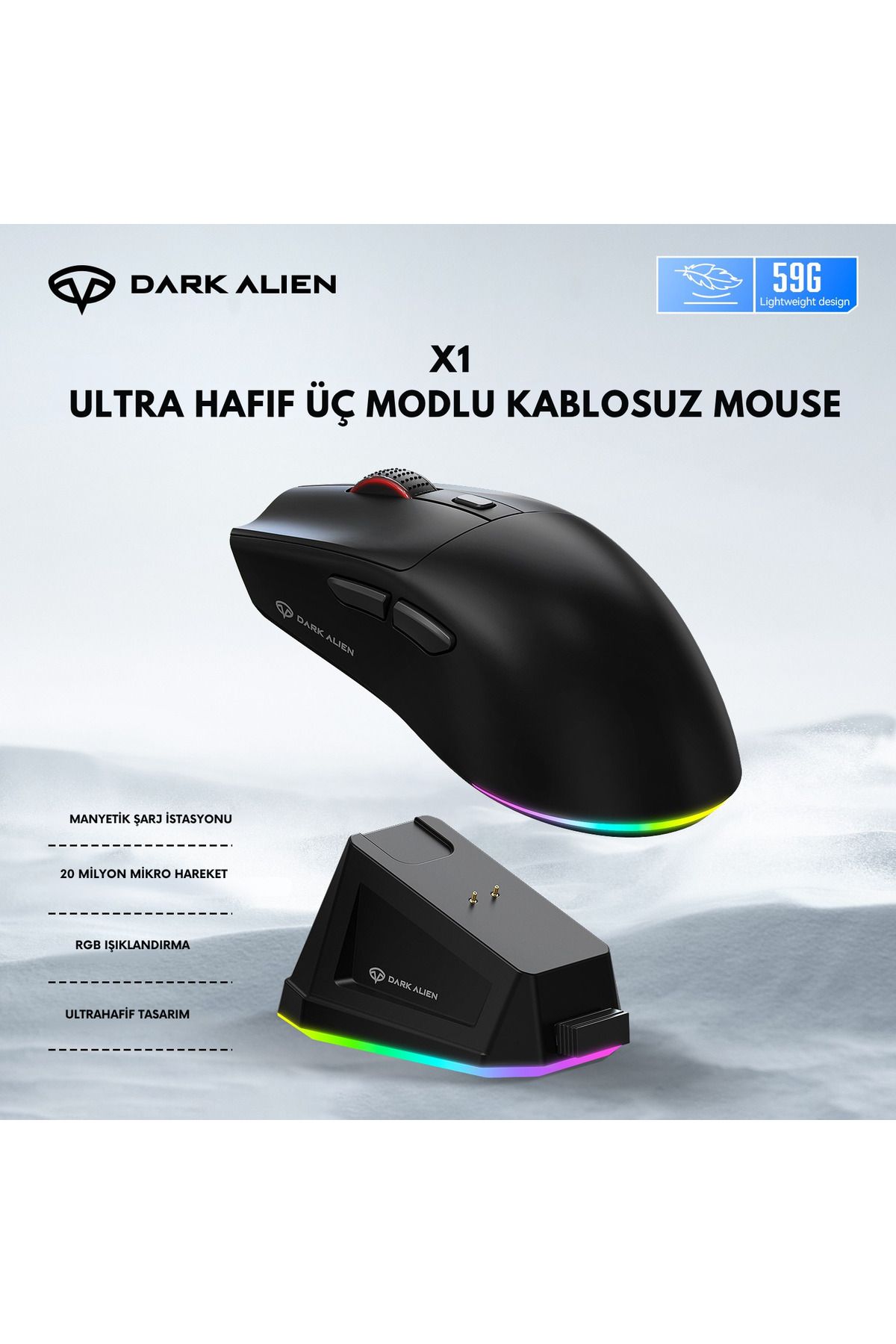 Leaven Dark Alien X1 Kablosuz 3 Modlu Oyuncu Mouse- 59 Gram 400 Mah Batarya- Makrolu