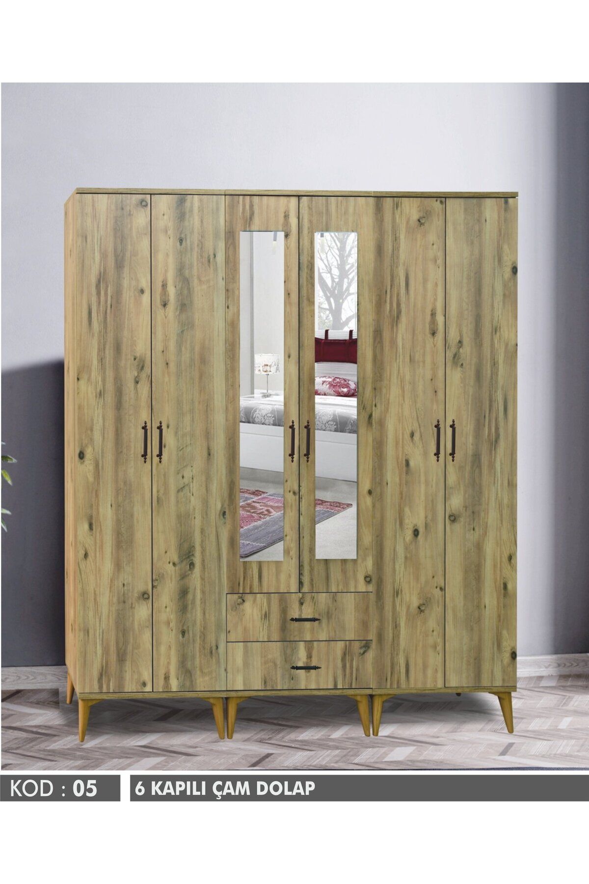 Yuvaset Home Maye 6 Kapılı Çam Aynalı Dolap
