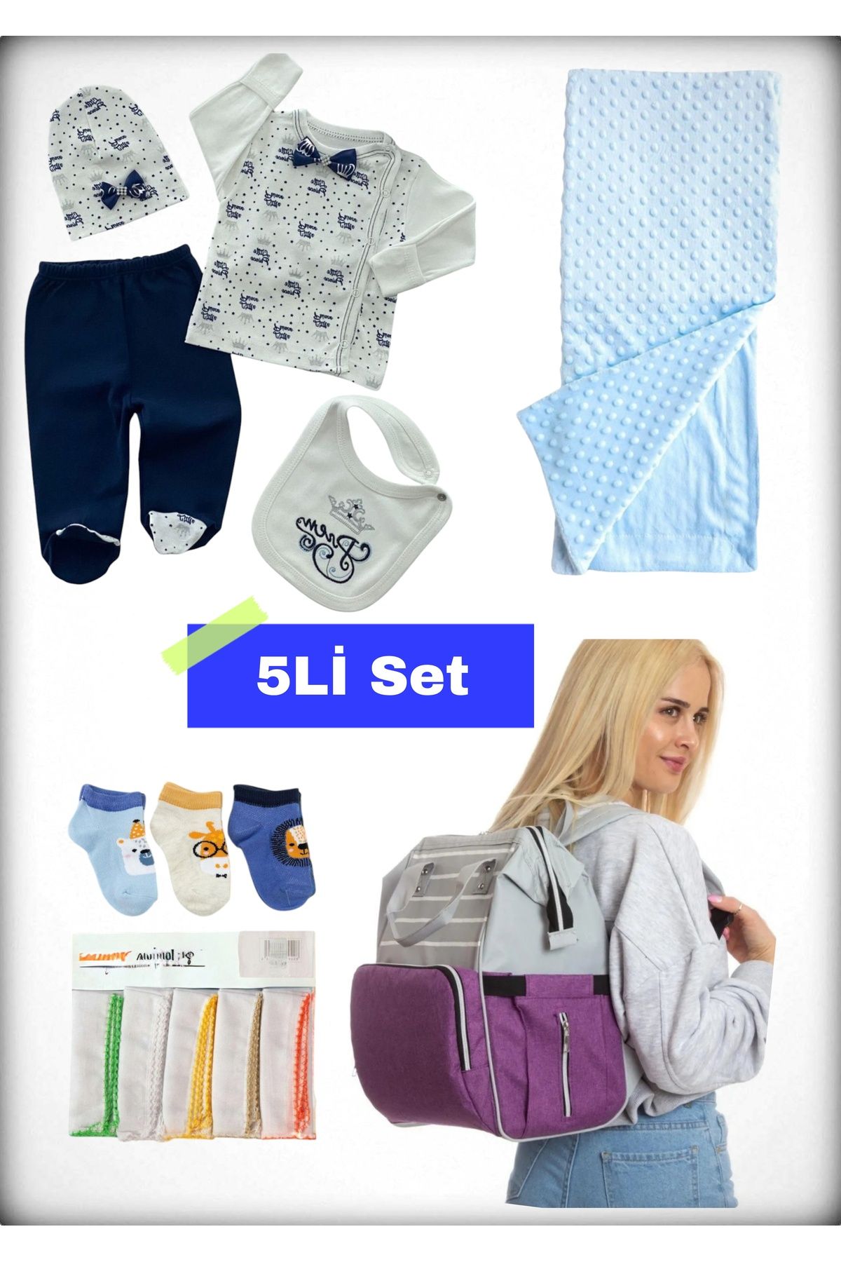 Avşar Baby 5 li Doğum Seti (Anne Bebek Çantası Hastane Çıkışı Battaniye 10 Lu Mendil Ve 3 Lü Çorap)