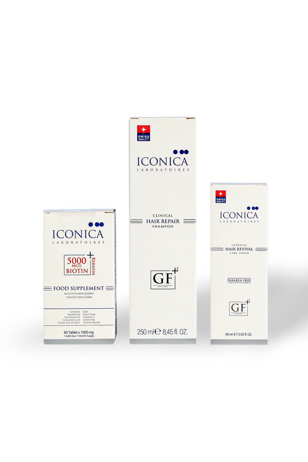 ICONICA SAÇ DÖKÜLMELERİNE KARŞI 1 AYLIK SET 250 ML ŞAMP, 5000 MCG BIOTIN &KERATİN VİTAMİN , 60 ML SPREY