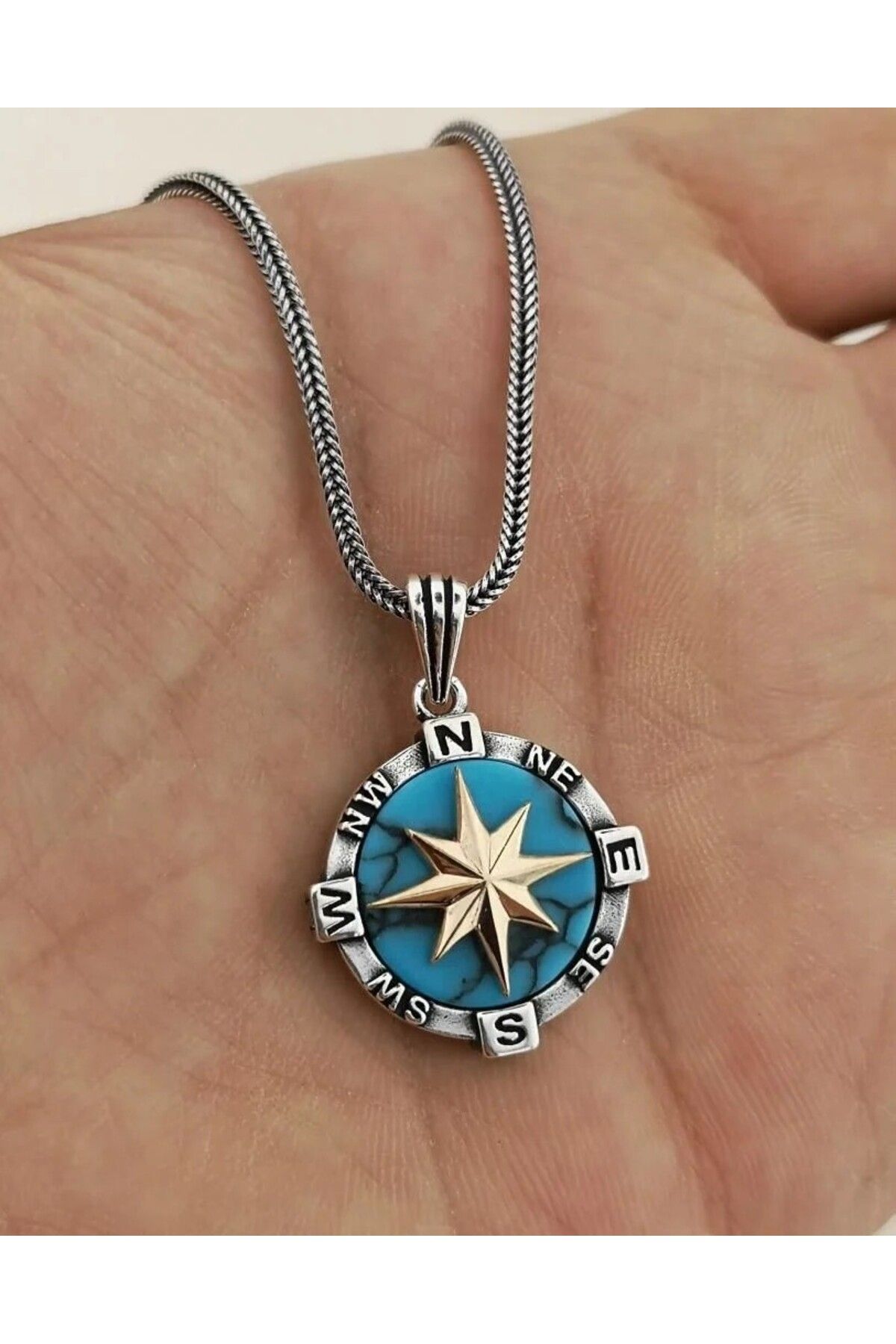 shop Firuze Taşlı Pusula 925 Ayar Gümüş Erkek Kolye